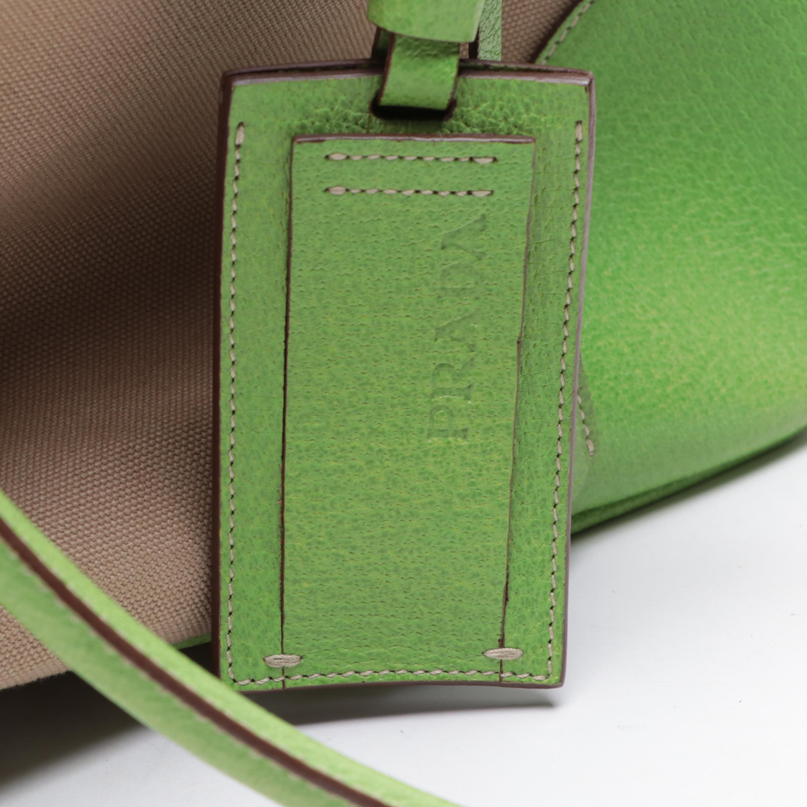 Prada Medium Zip Bowler Bag in Canvas and Green Cinghiale Leather