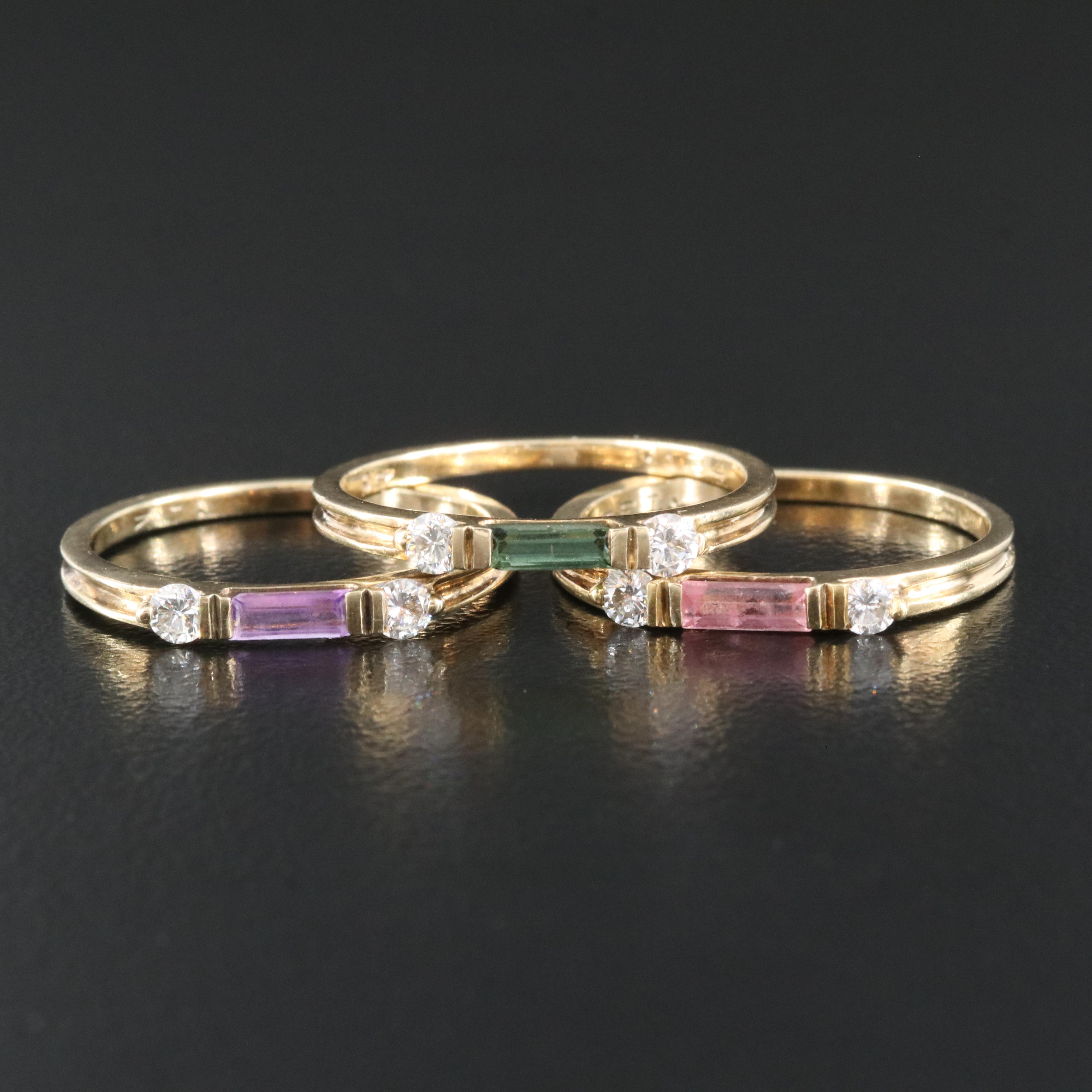 9K Stacking Rings Including Tourmaline, Amethyst and Diamond