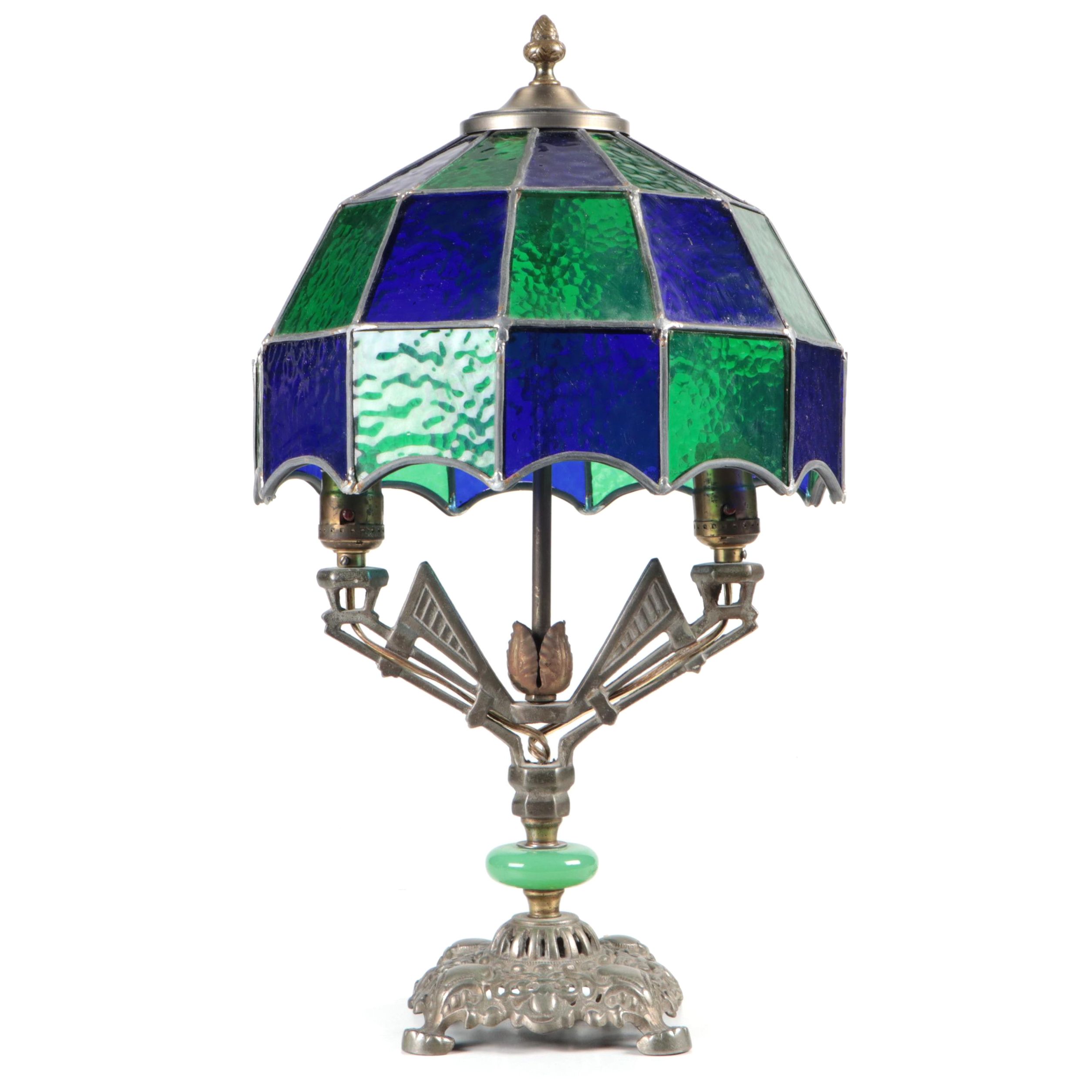 Cobalt and Emerald Pebbled Glass Pressed Metal Table Lamp, Mid to Late 20th C