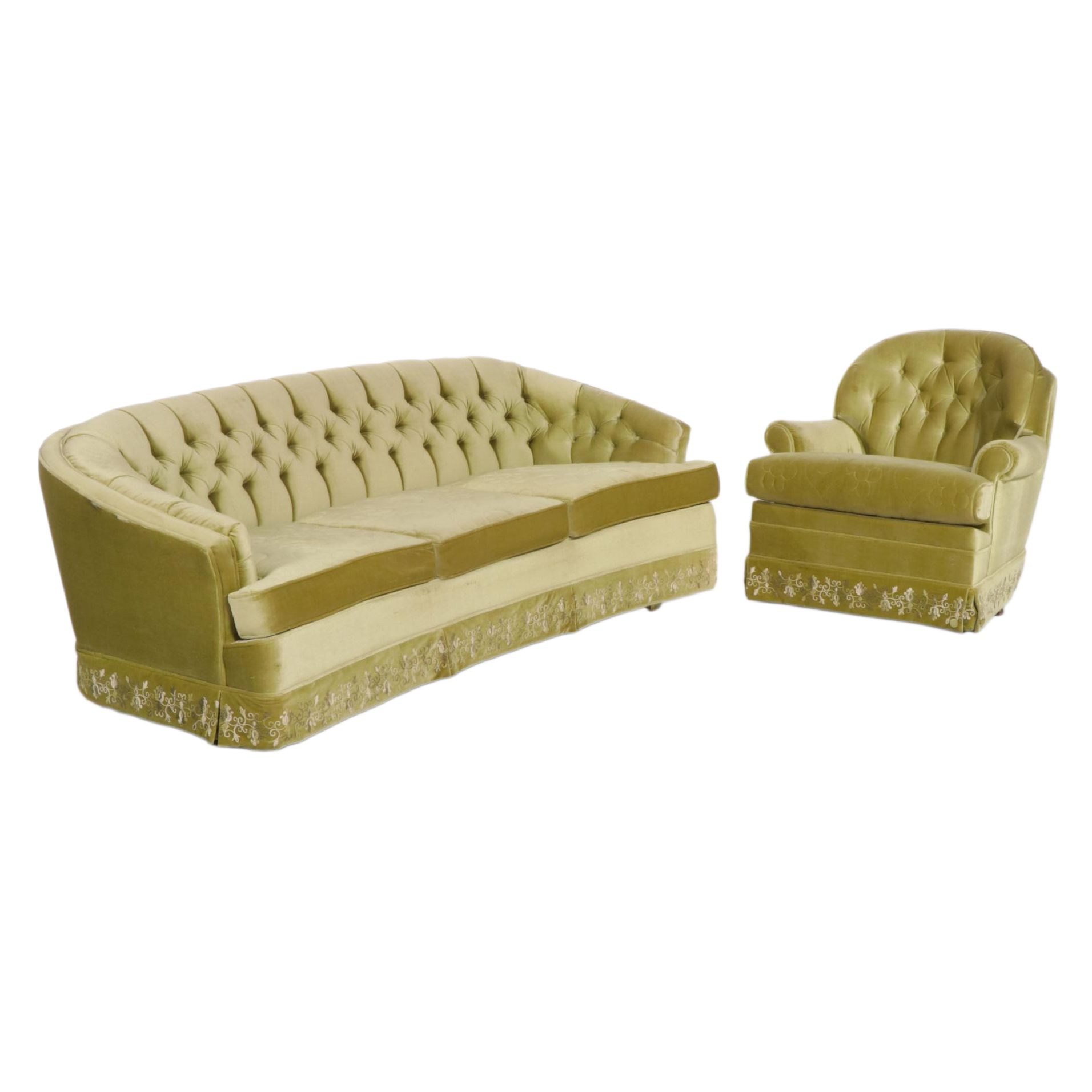 Charles Schneider Hollywood Regency Sofa and Armchair with Embroidered Accents