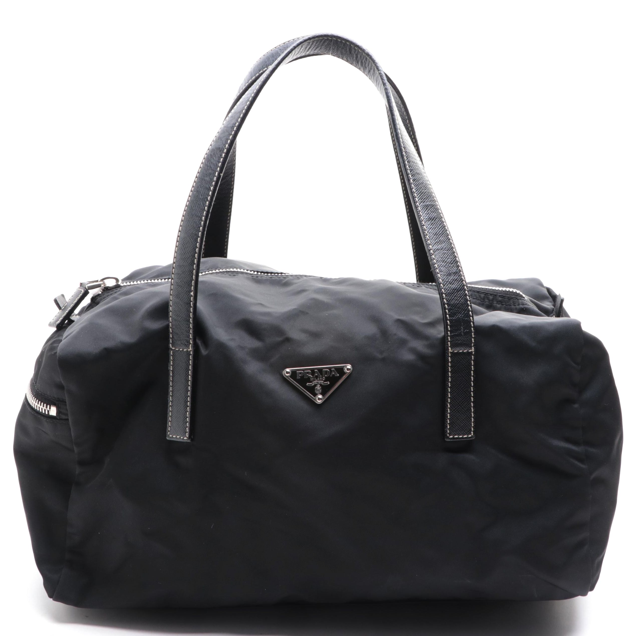 Prada Small Bauletto Shoulder Bag in Black Nylon Gabardine and Saffiano Leather