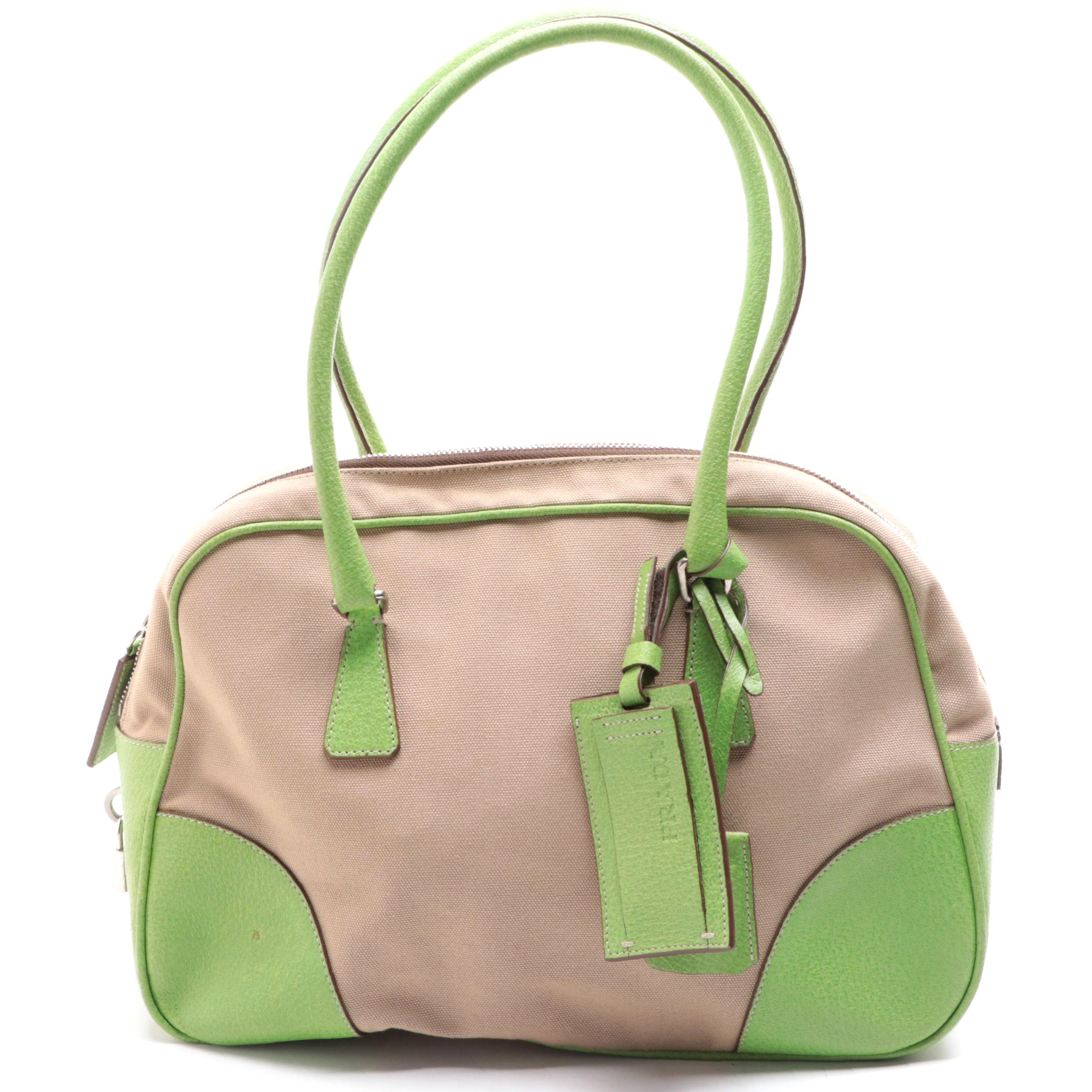 Prada Medium Zip Bowler Bag in Canvas and Green Cinghiale Leather