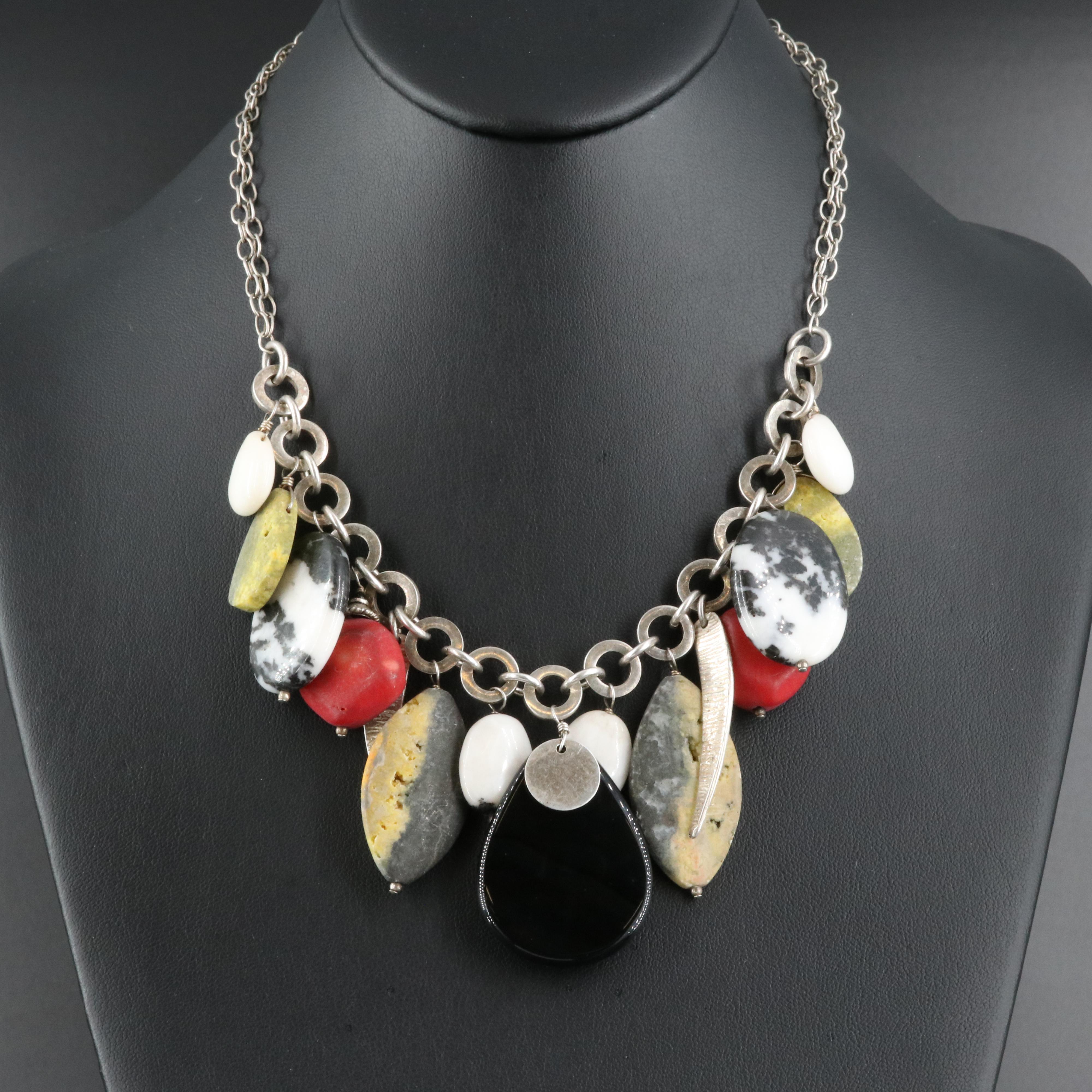Sterling Fringe Necklace Including Coral, Black Onyx and Gaspeite