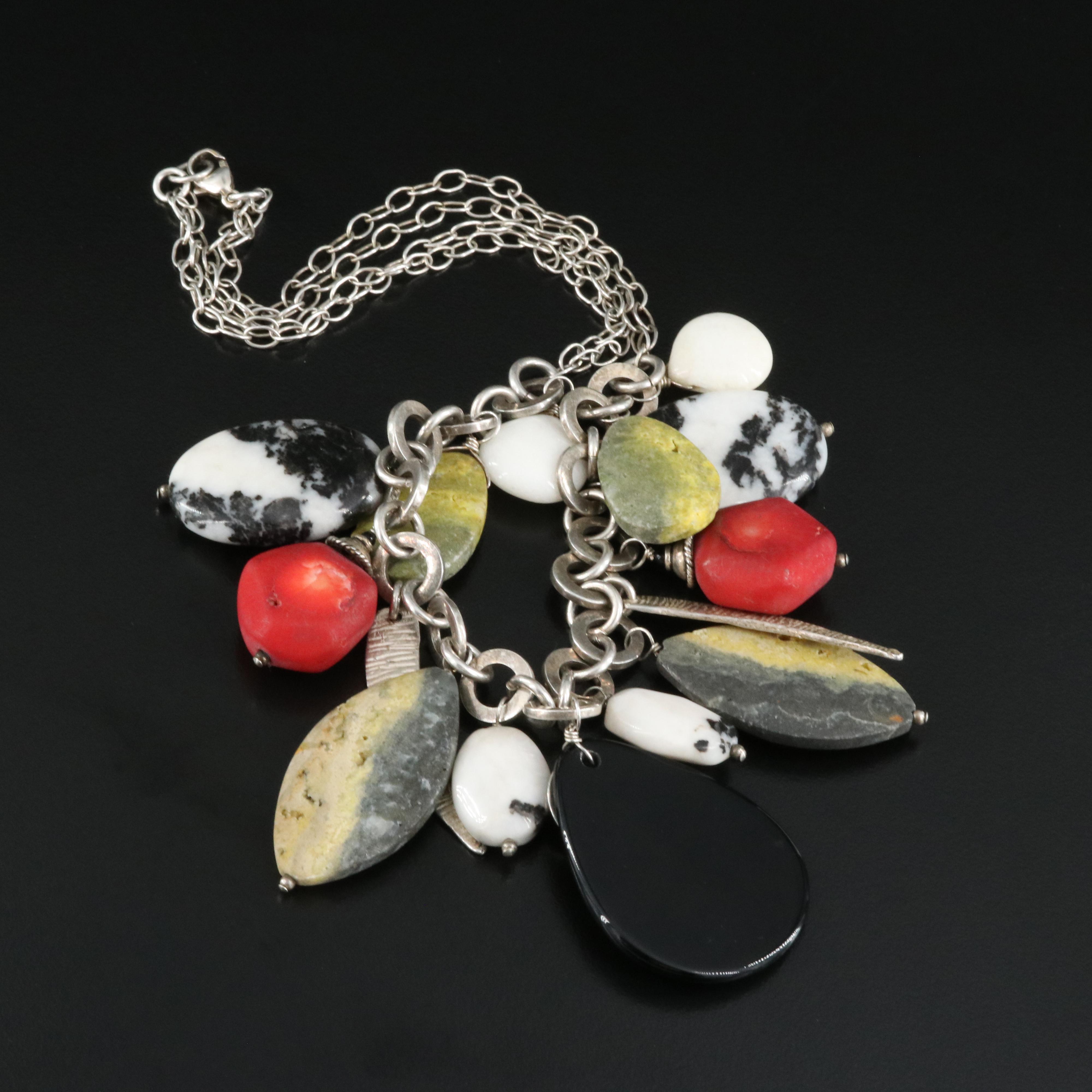 Sterling Fringe Necklace Including Coral, Black Onyx and Gaspeite