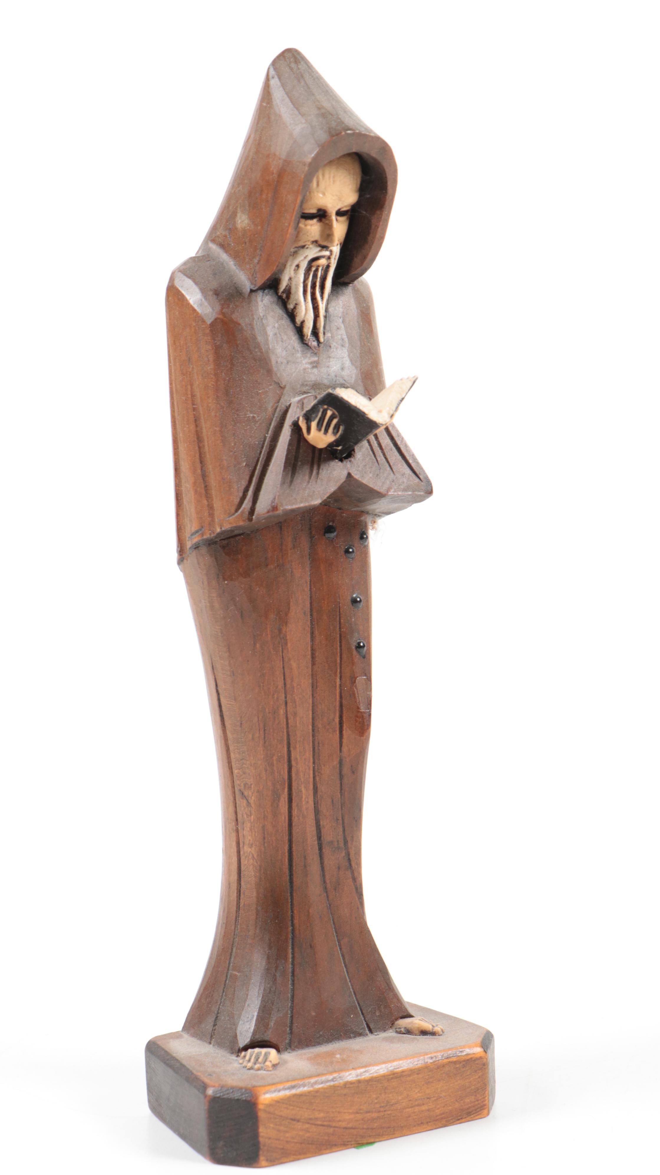 Hand-Carved Figurines Including a Monk, Don Quixote, and Folk Art Wood Carving