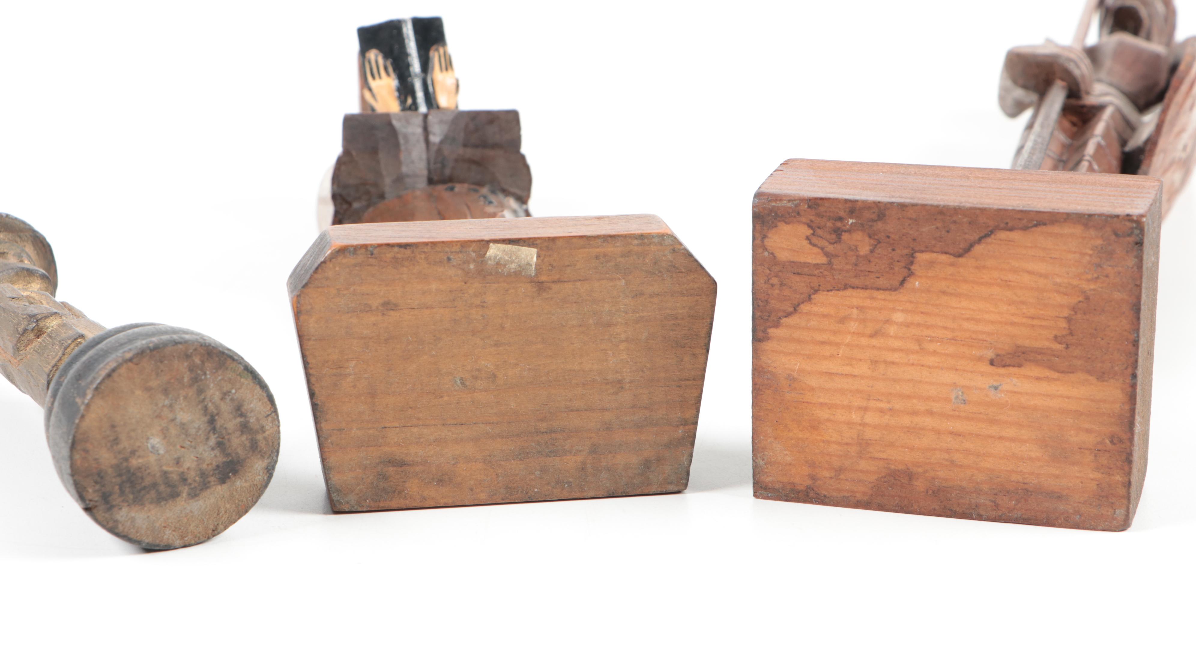 Hand-Carved Figurines Including a Monk, Don Quixote, and Folk Art Wood Carving