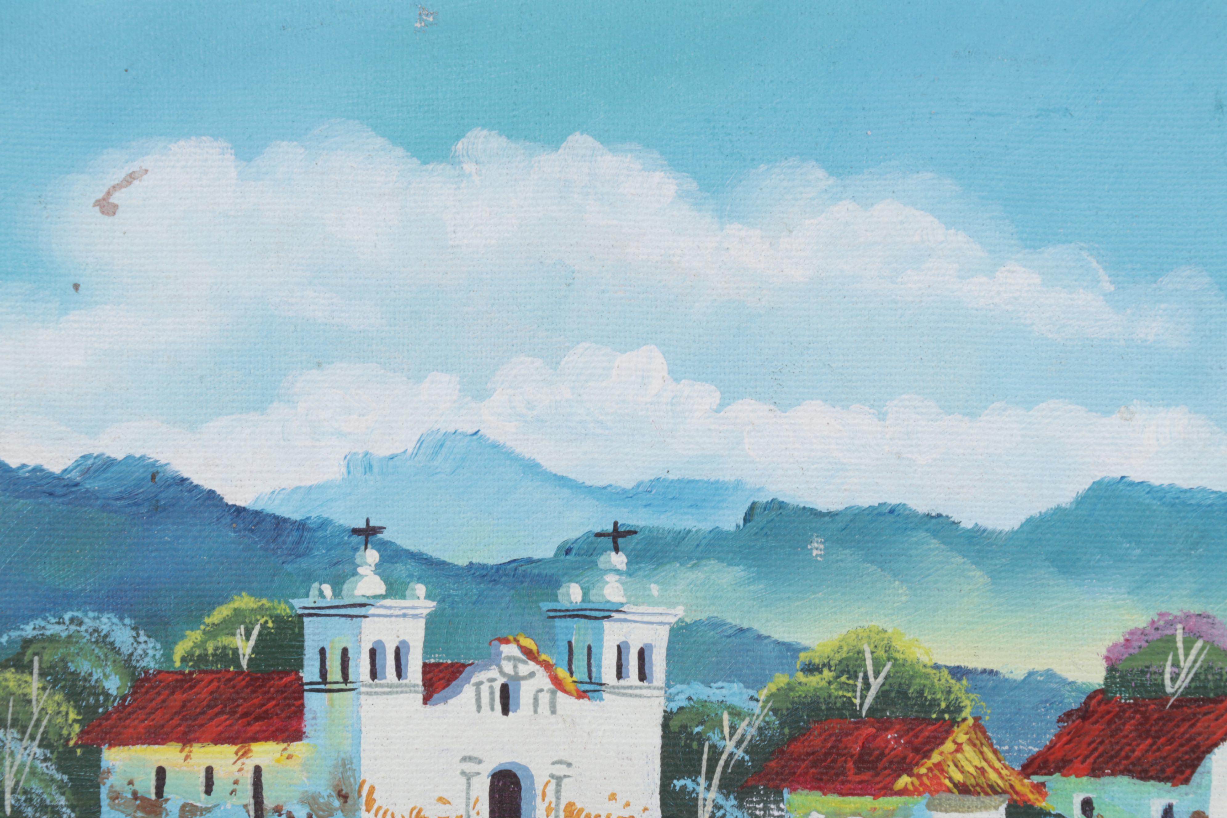 Latin American Folk Art Acrylic Painting of Village Scene, 1995