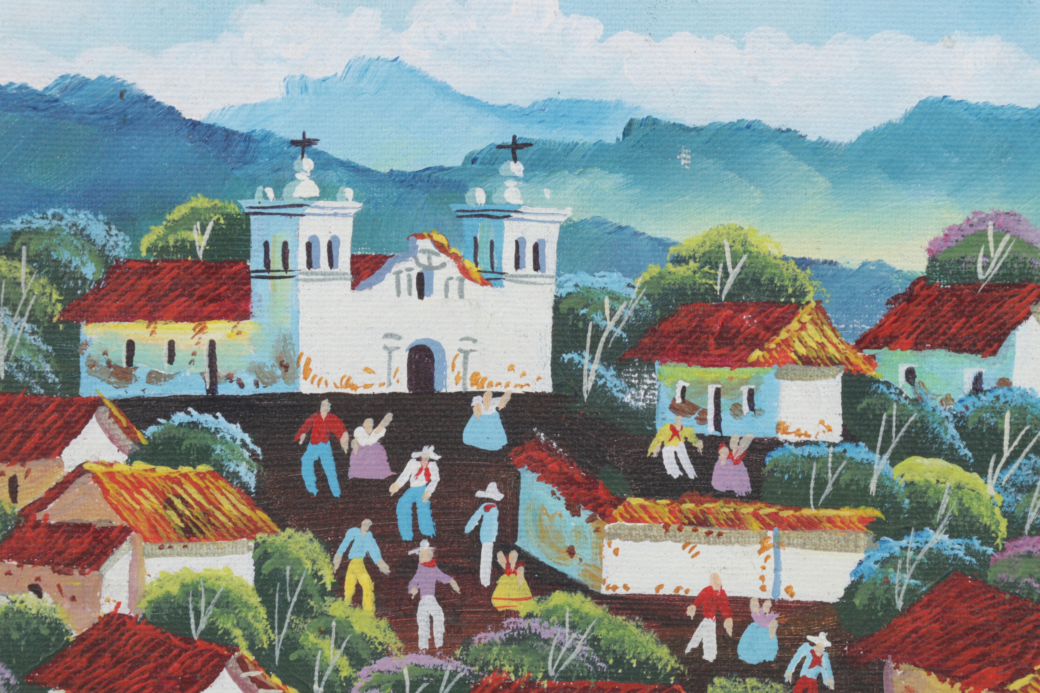 Latin American Folk Art Acrylic Painting of Village Scene, 1995