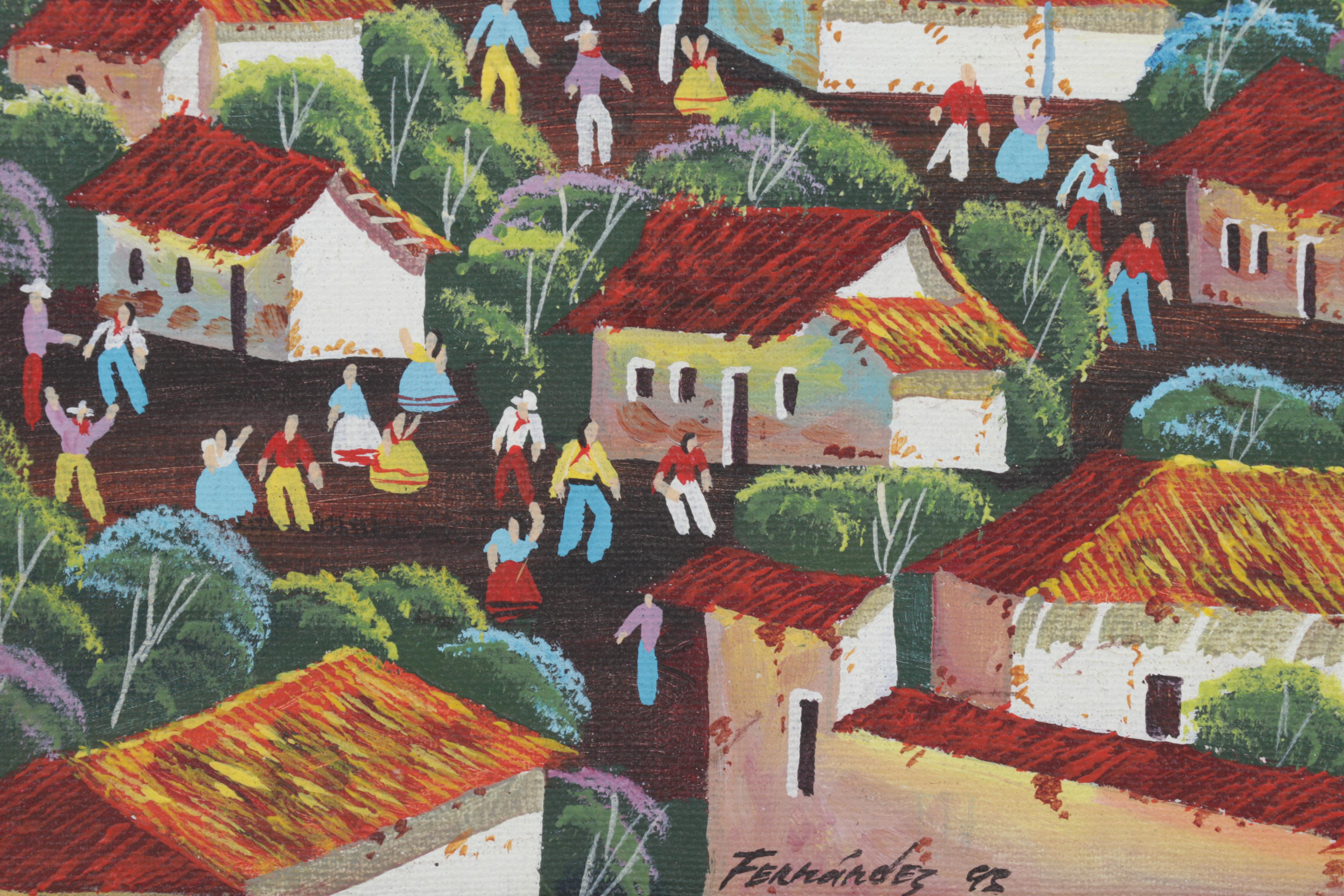 Latin American Folk Art Acrylic Painting of Village Scene, 1995