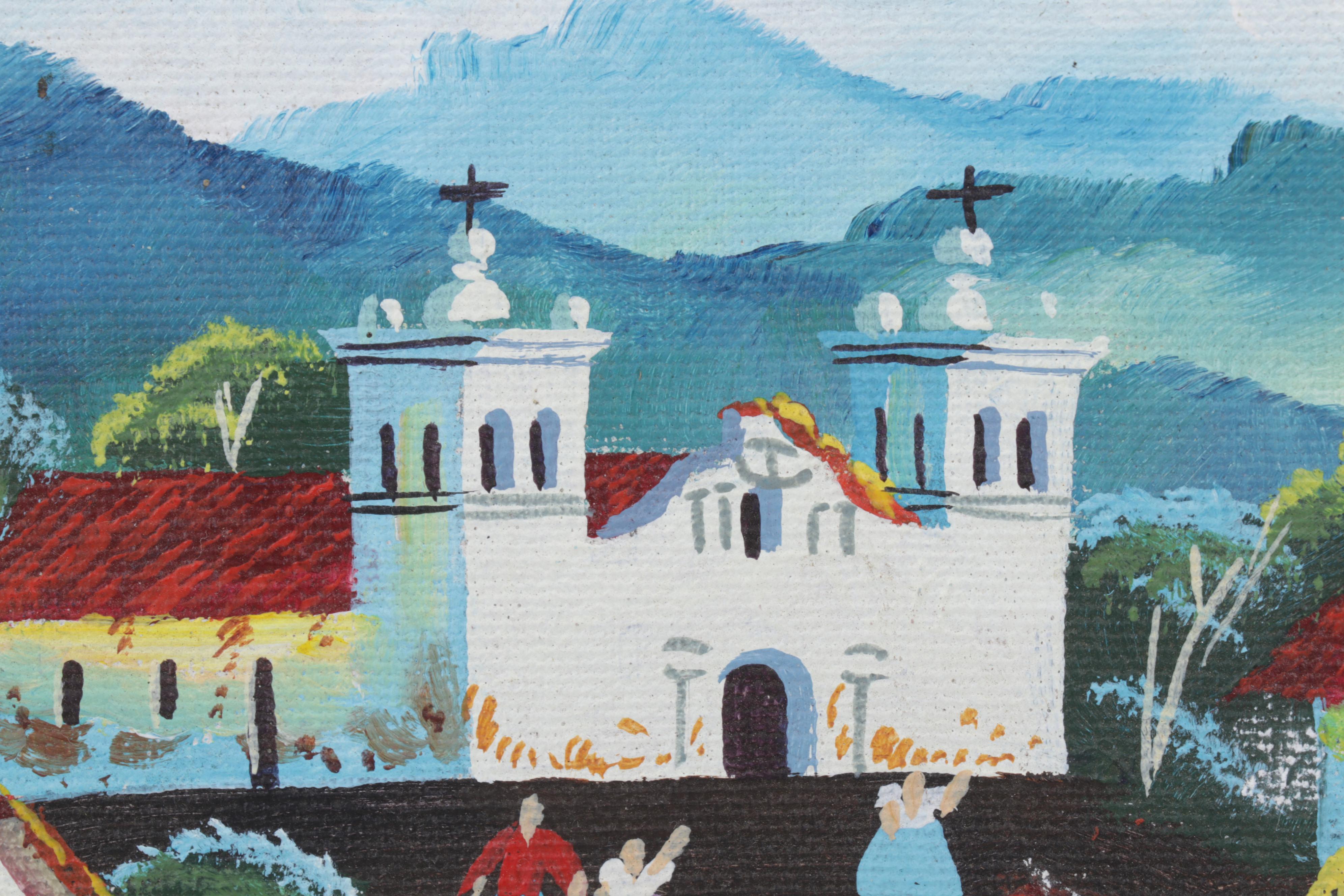 Latin American Folk Art Acrylic Painting of Village Scene, 1995