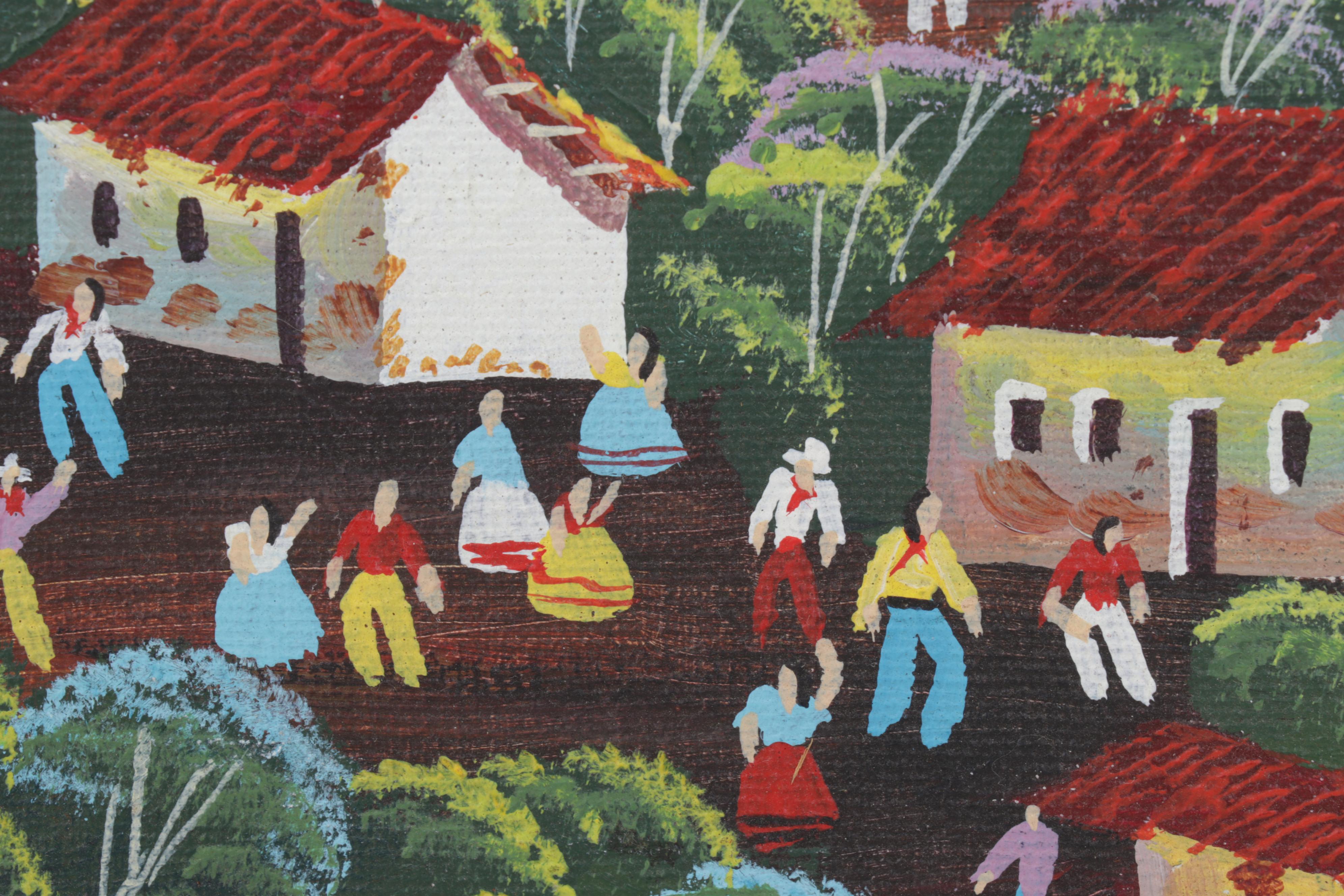 Latin American Folk Art Acrylic Painting of Village Scene, 1995