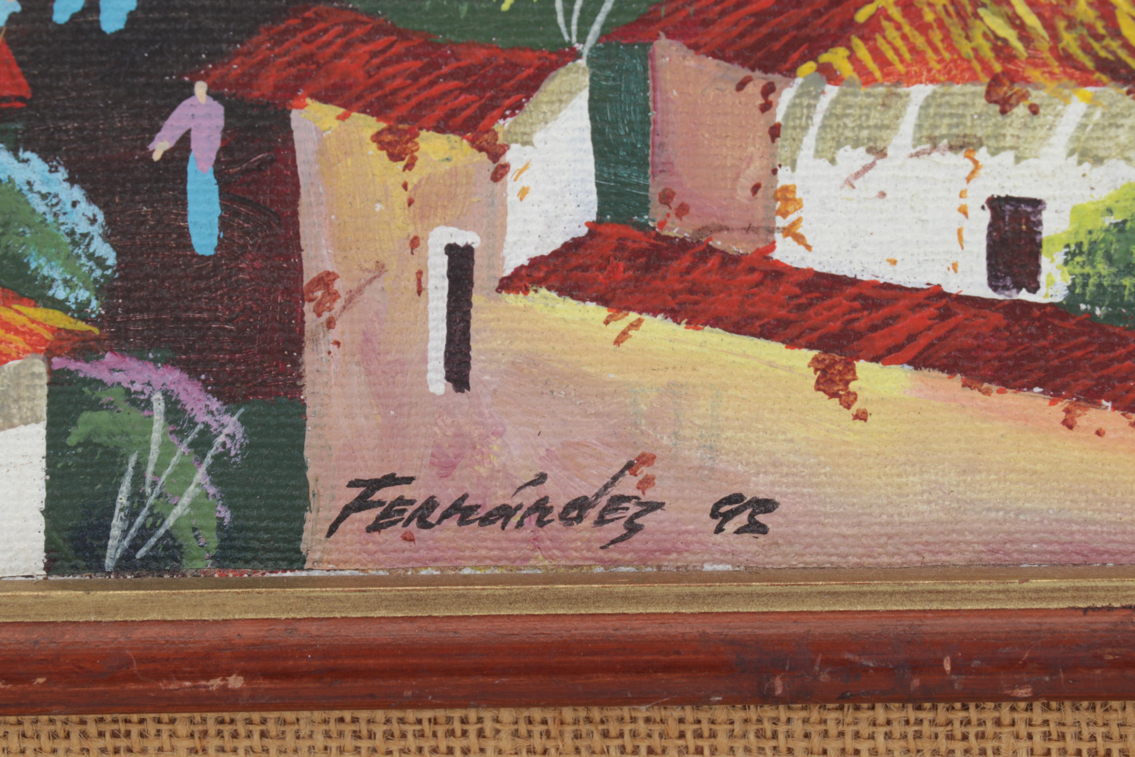 Latin American Folk Art Acrylic Painting of Village Scene, 1995