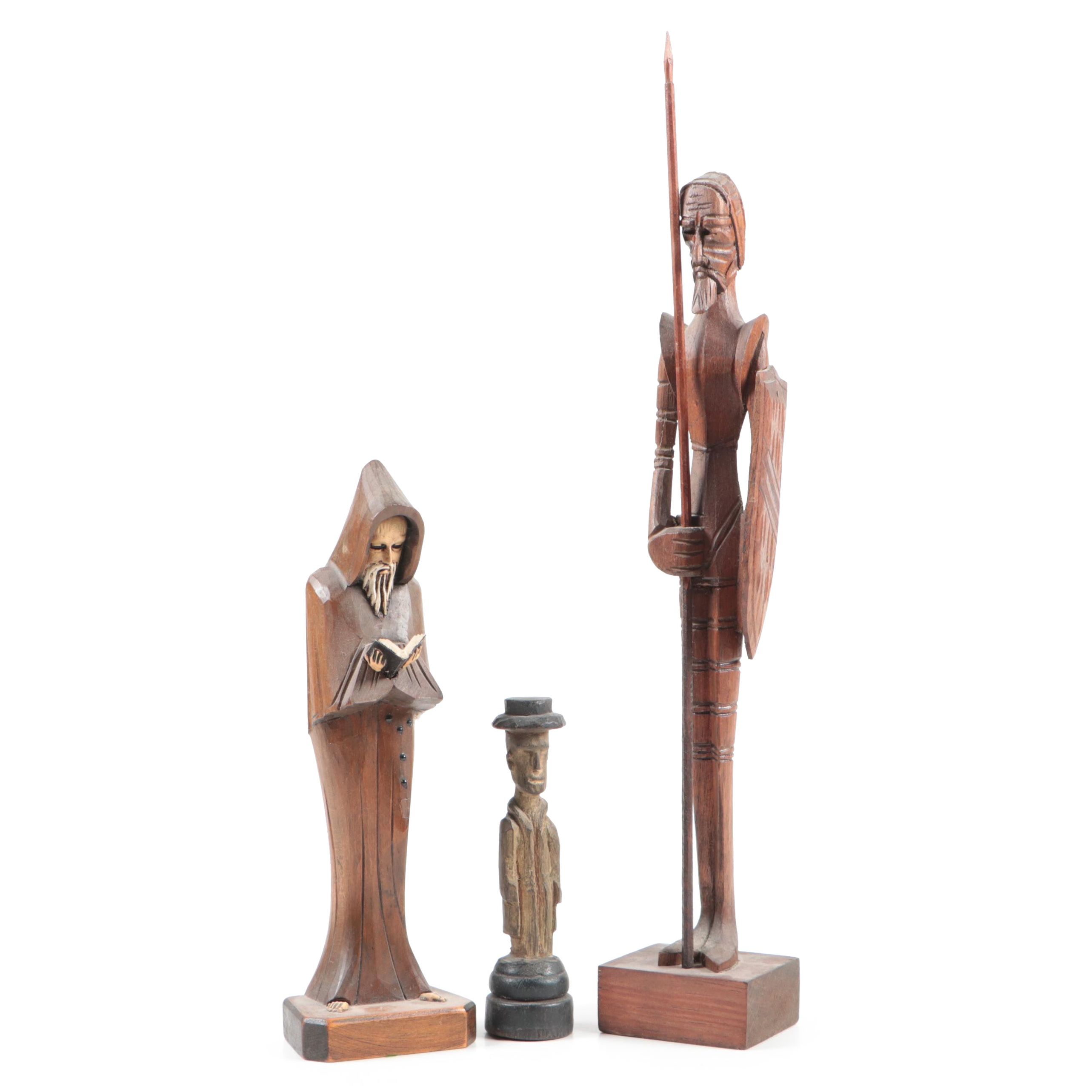 Hand-Carved Figurines Including a Monk, Don Quixote, and Folk Art Wood Carving