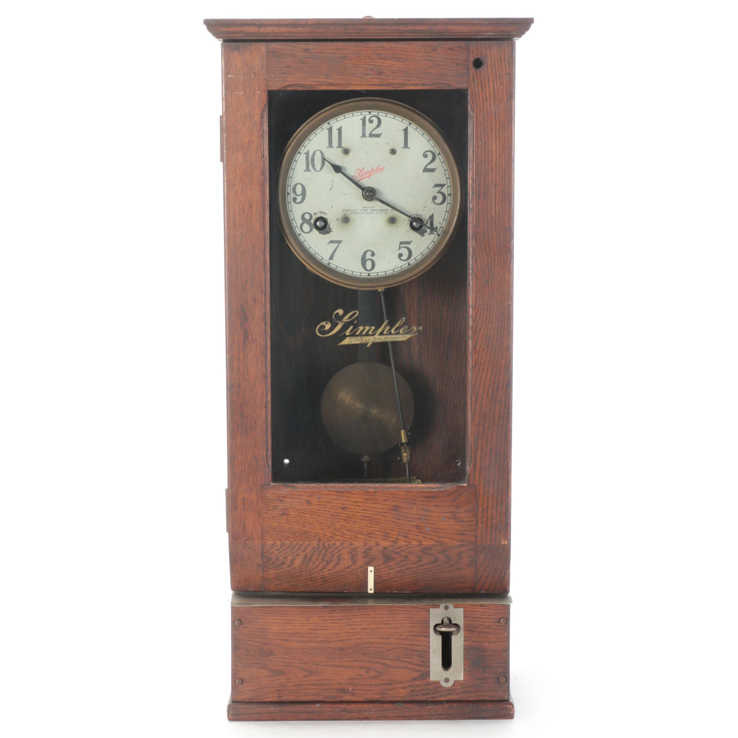 Oak-Cased Simplex Time-Recorder Wall Clock, Early to Mid 20th Century