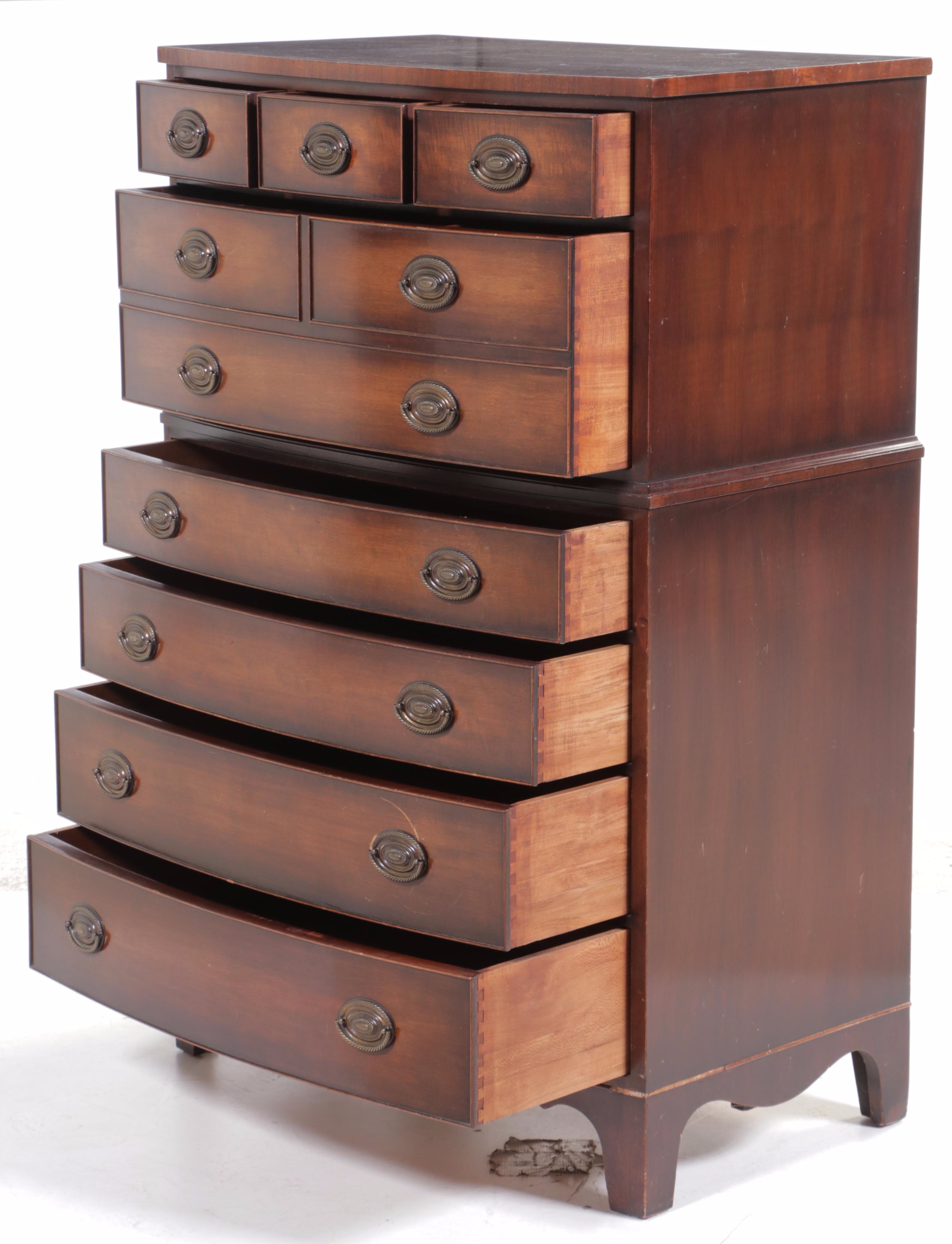 Kindel Federal Style Mahogany Eight Drawer Bowfront Chest, Mid-20th Century