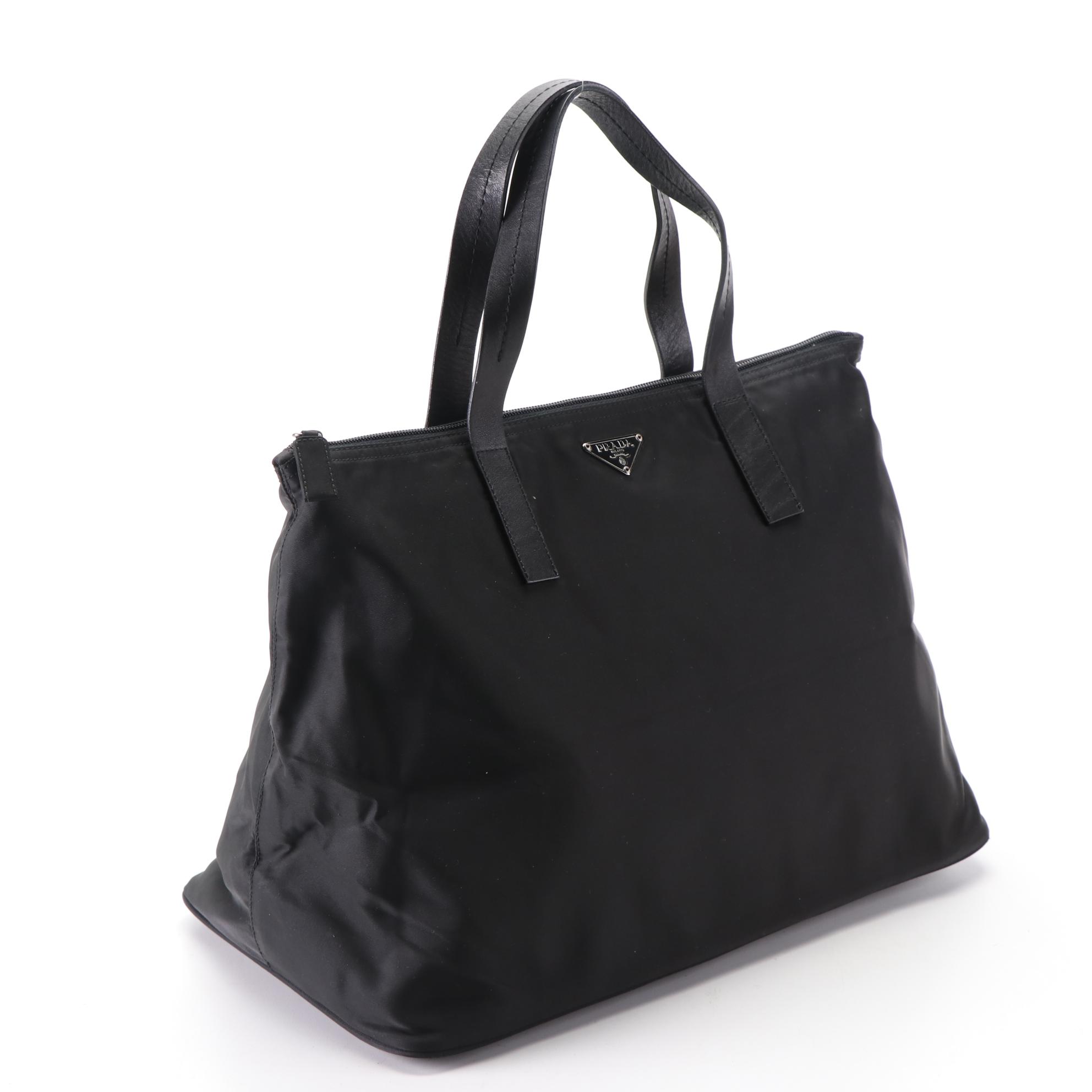 Prada Medium Zip Tote Bag in Black Nylon Gabardine w/Leather Trim