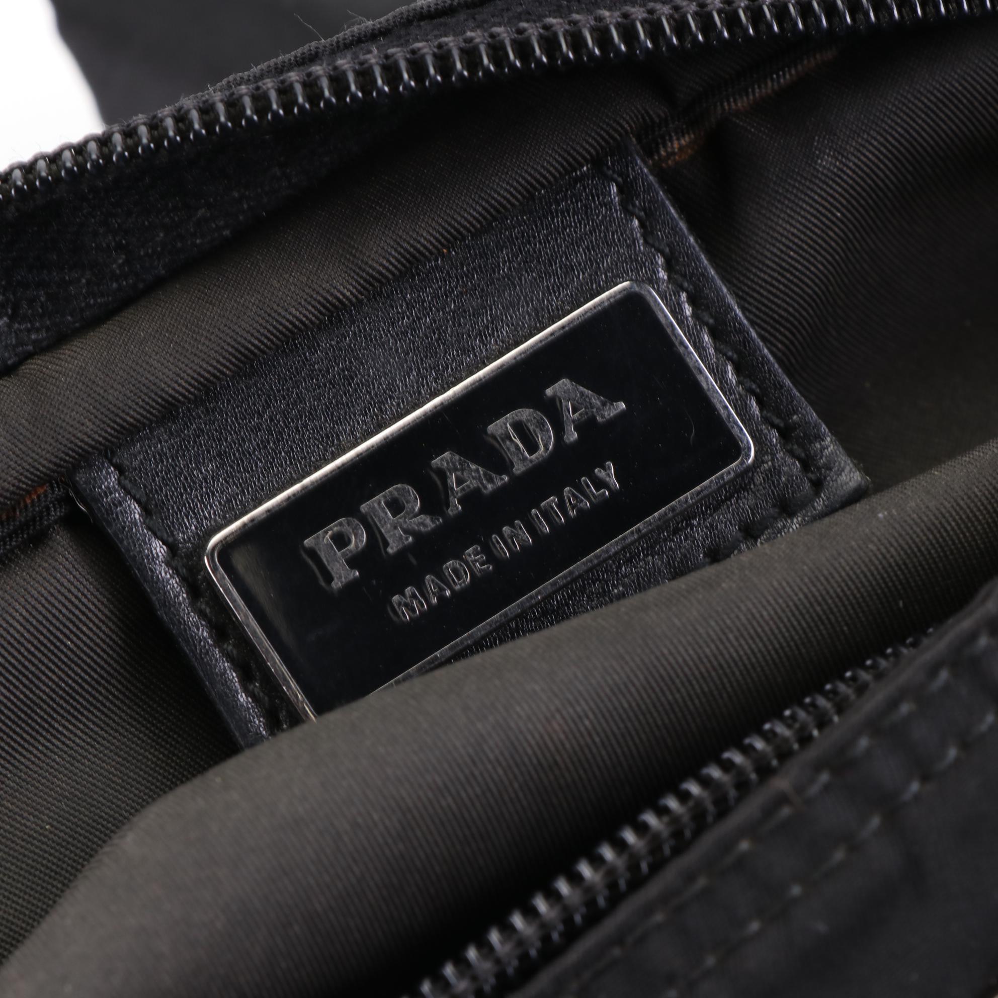 Prada Small Zip Shoulder Bag in Black Nylon Gabardine w/Leather Trim