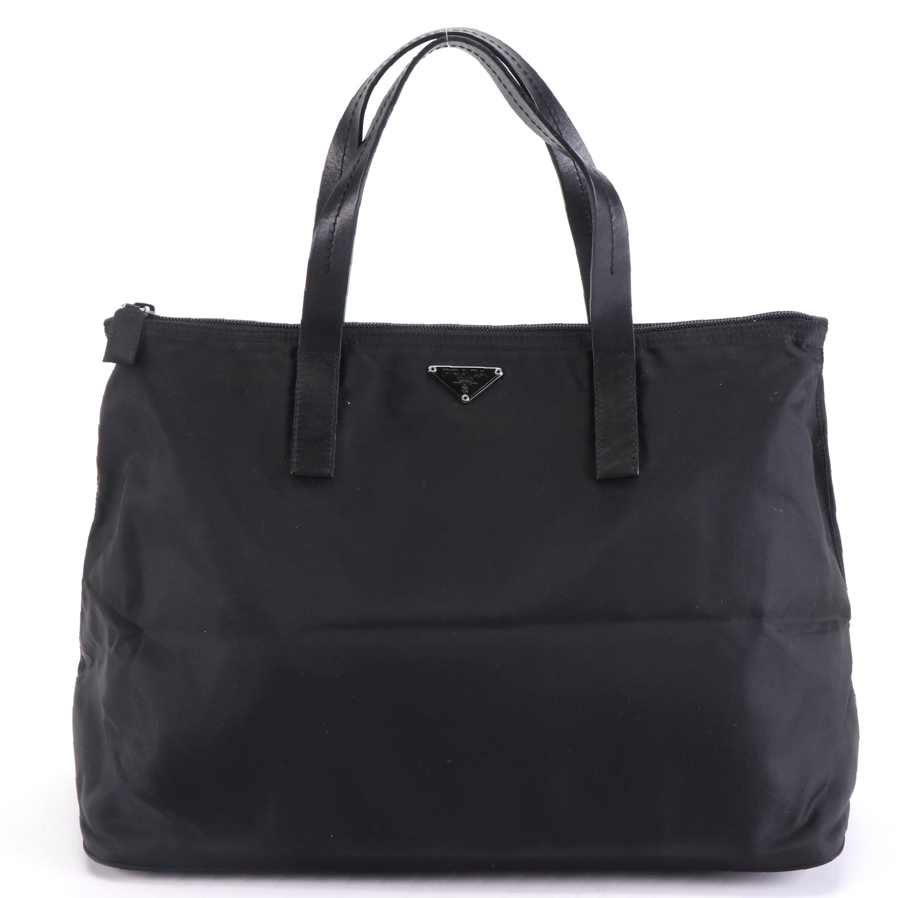 Prada Medium Zip Tote Bag in Black Nylon Gabardine w/Leather Trim