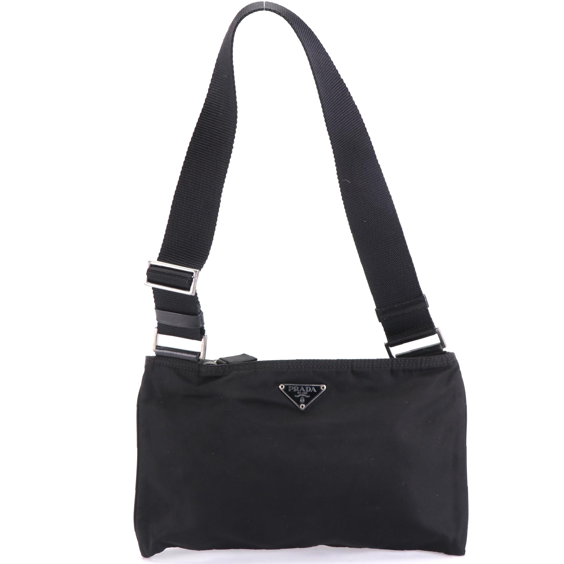 Prada Small Zip Shoulder Bag in Black Nylon Gabardine w/Leather Trim