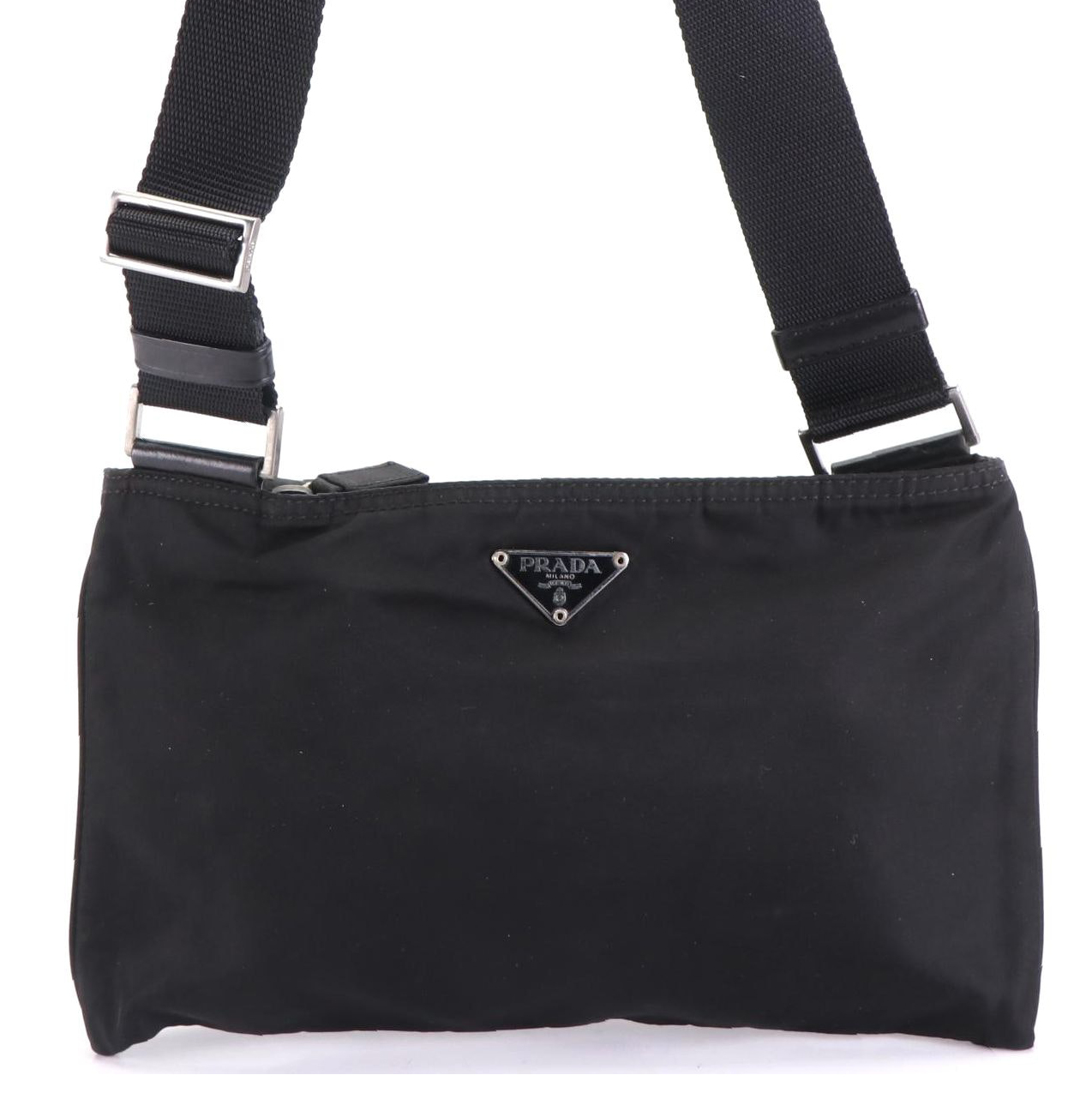 Prada Small Zip Shoulder Bag in Black Nylon Gabardine w/Leather Trim