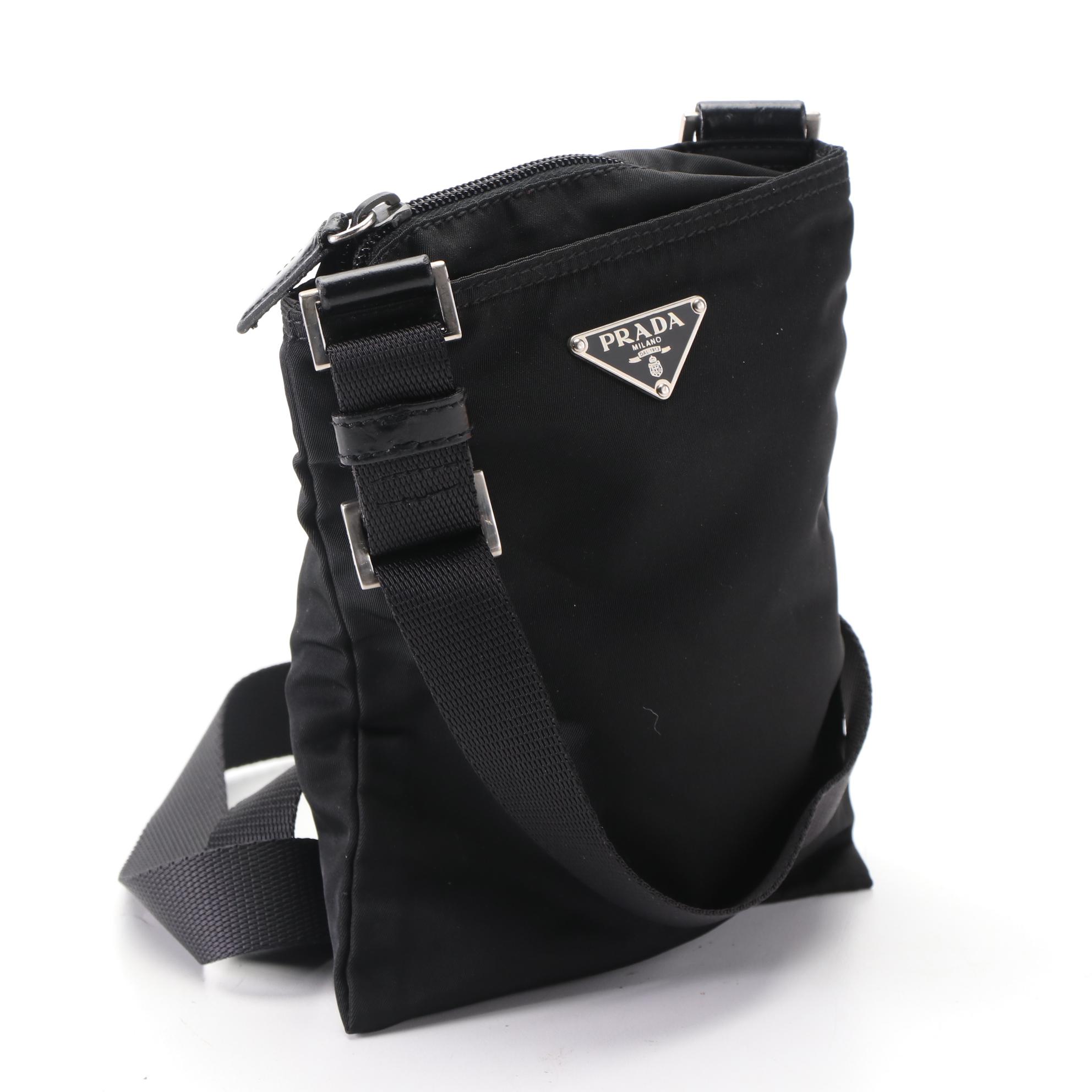 Prada Small Zip Crossbody Pouch in Black Nylon Gabardine w/Leather Trim