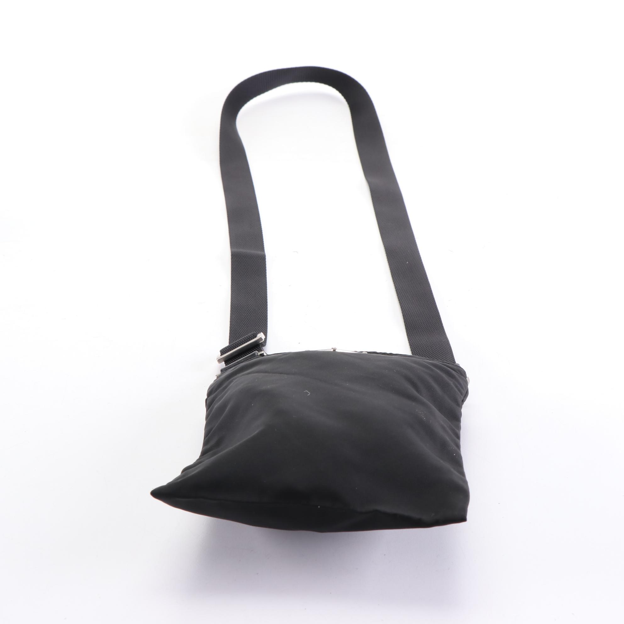 Prada Small Zip Crossbody Pouch in Black Nylon Gabardine w/Leather Trim