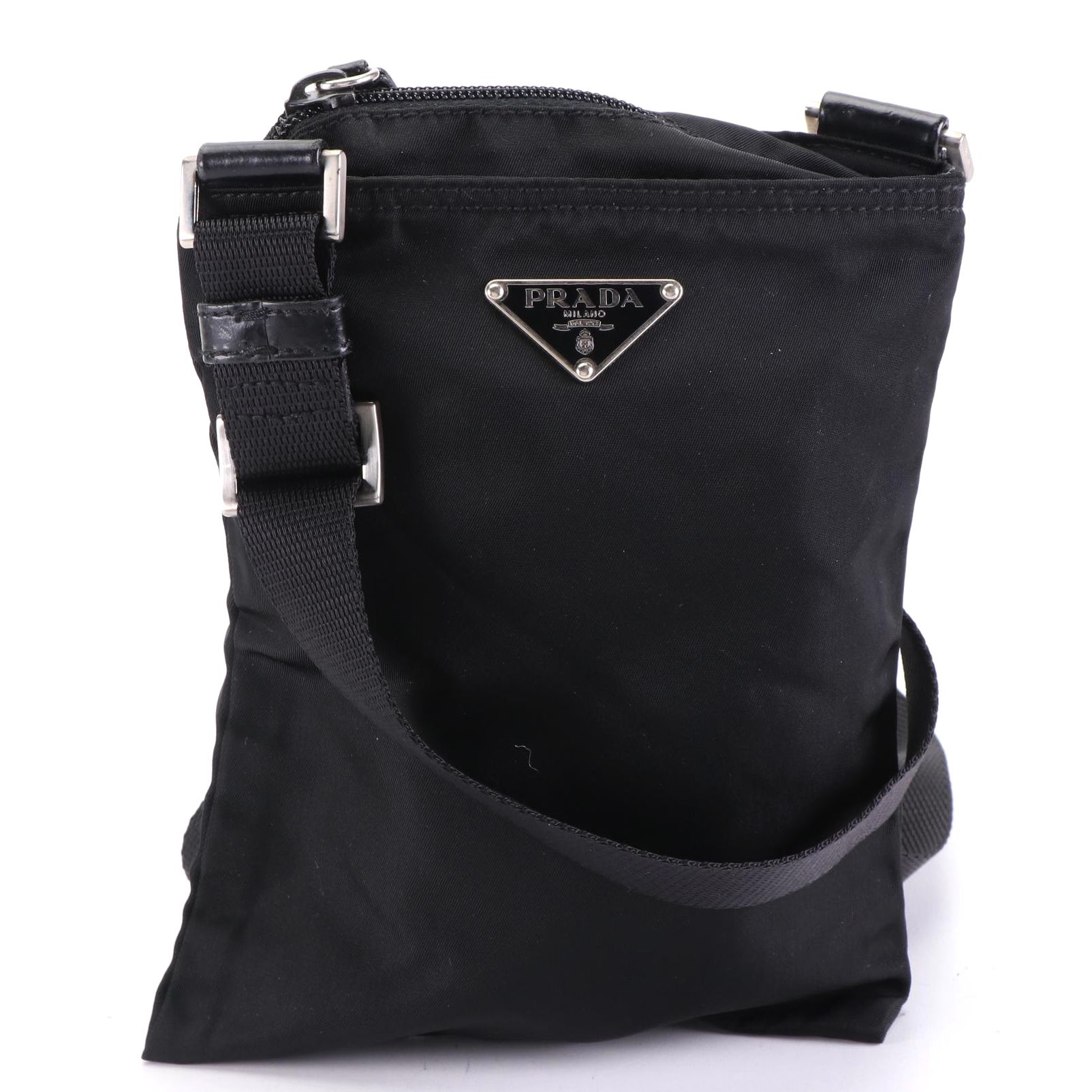 Prada Small Zip Crossbody Pouch in Black Nylon Gabardine w/Leather Trim