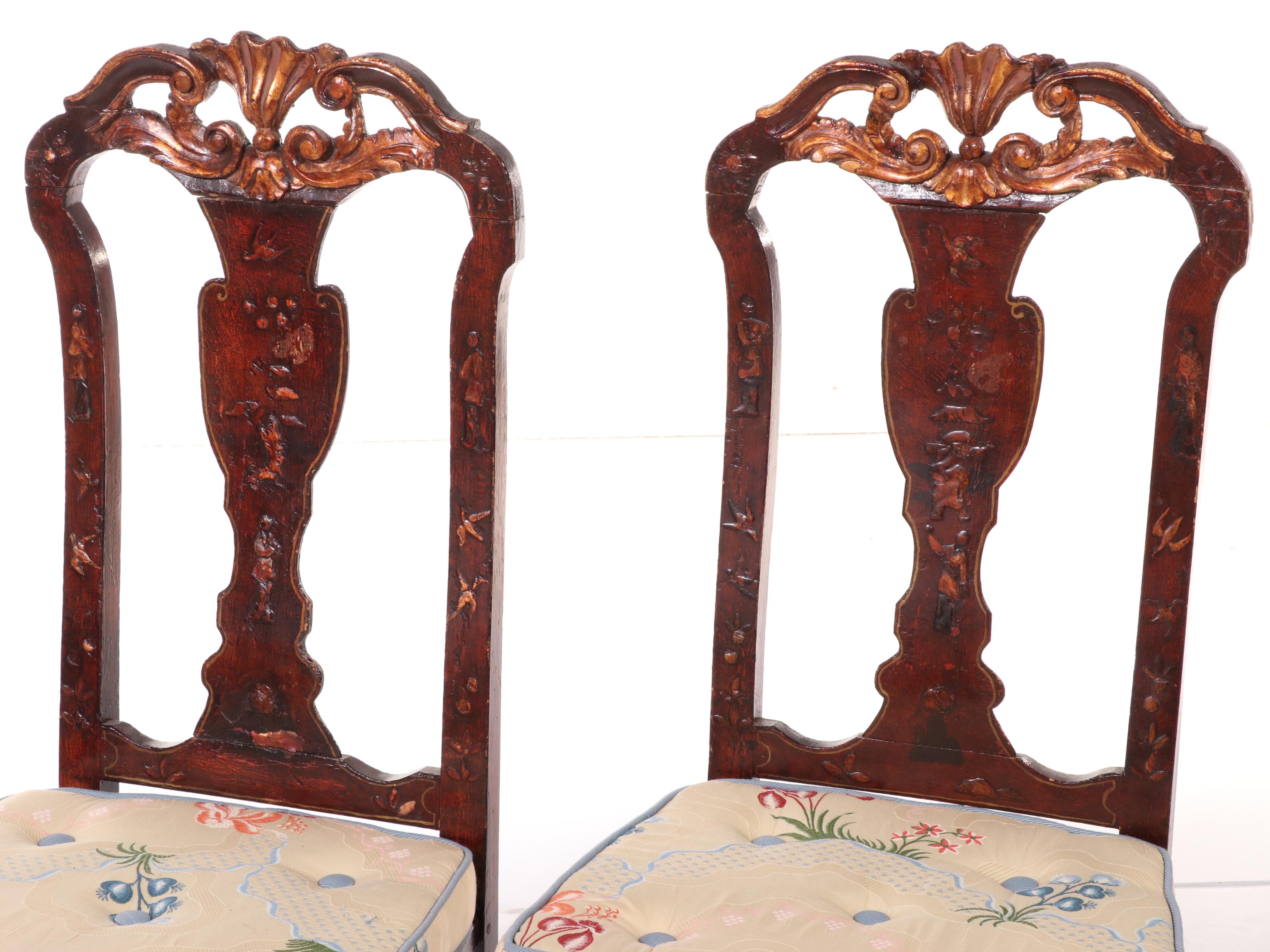 Pair of Queen Anne Style Red and Gilt-Lacquered Chinoiserie Side Chairs