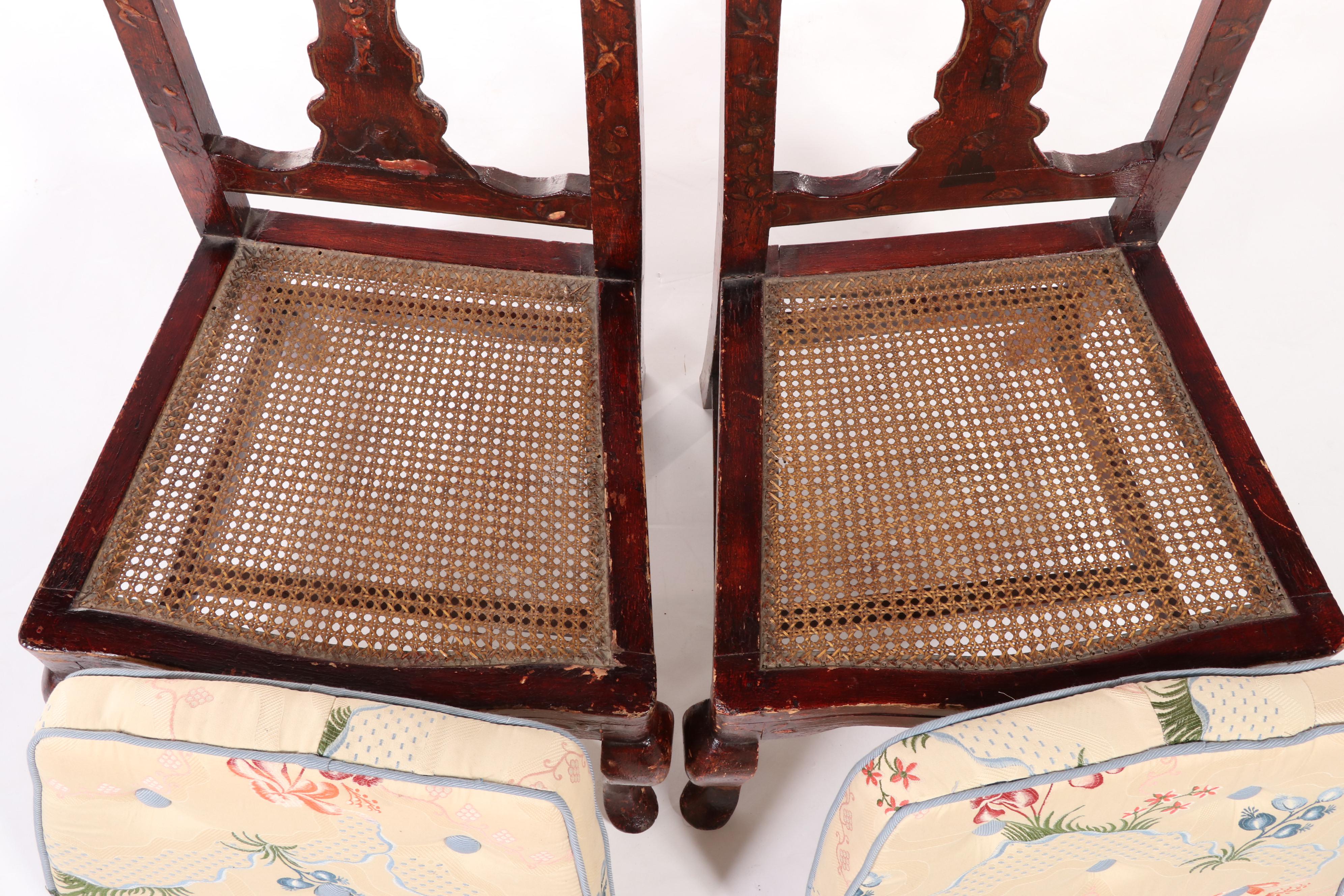 Pair of Queen Anne Style Red and Gilt-Lacquered Chinoiserie Side Chairs