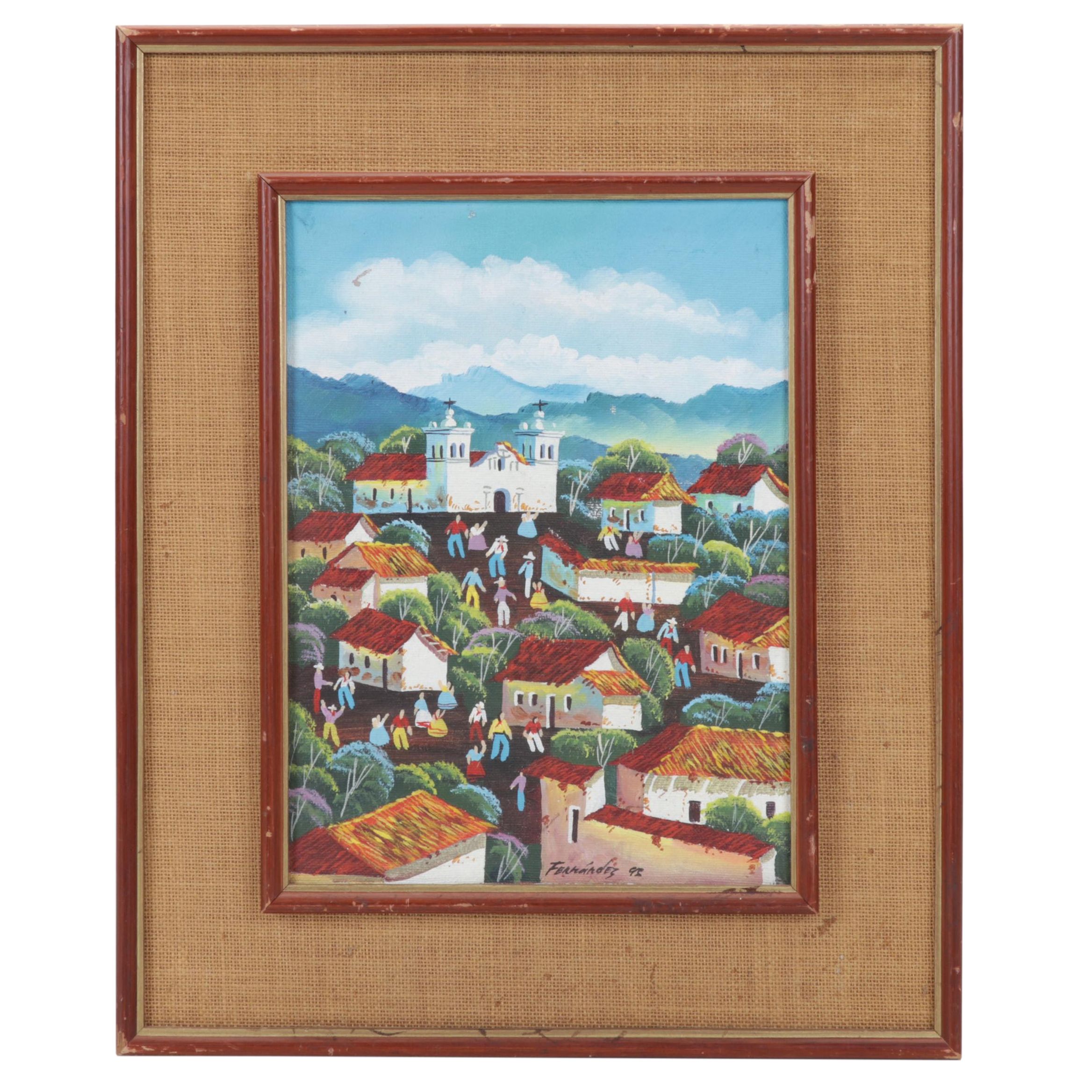 Latin American Folk Art Acrylic Painting of Village Scene, 1995