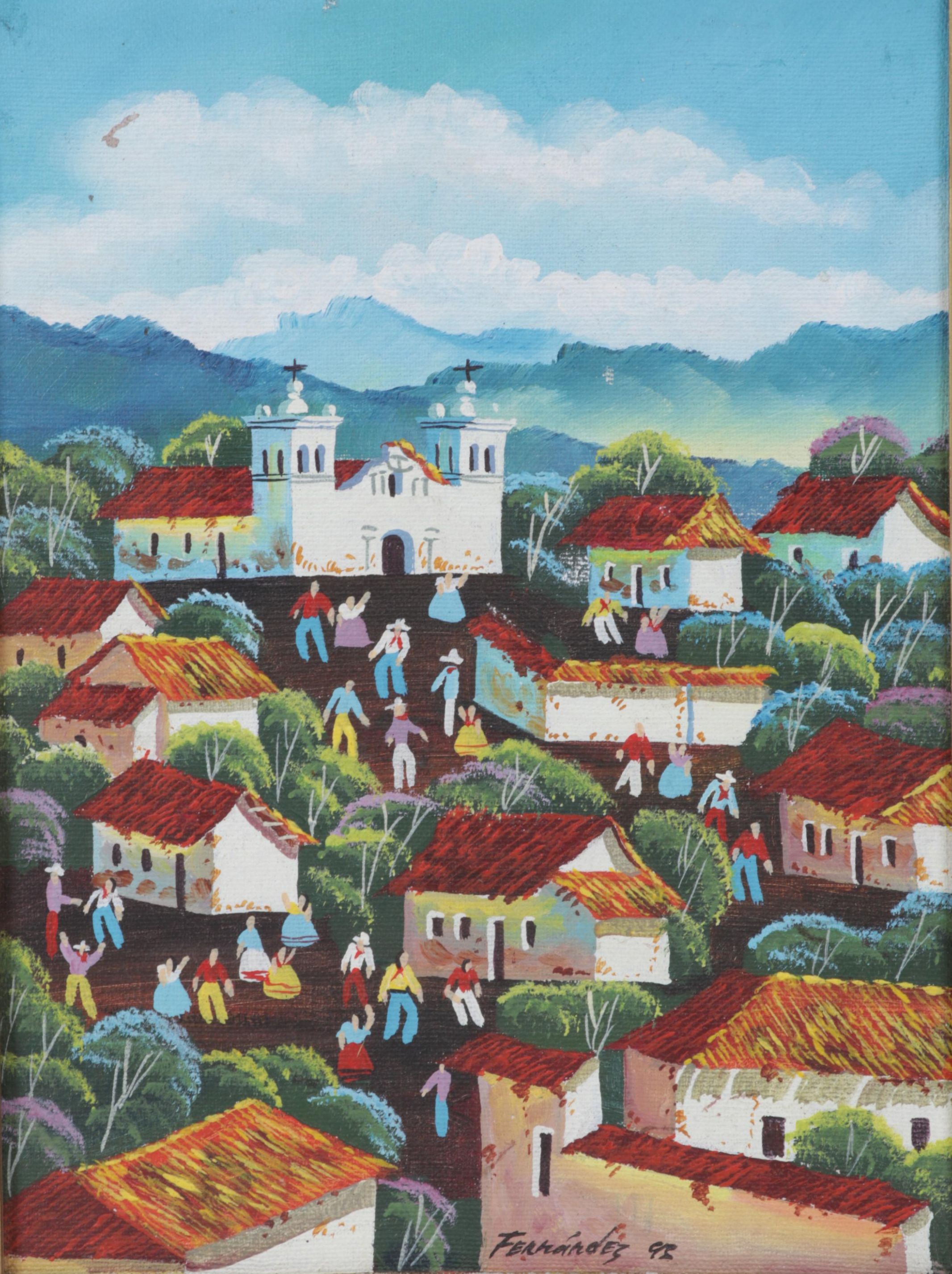Latin American Folk Art Acrylic Painting of Village Scene, 1995