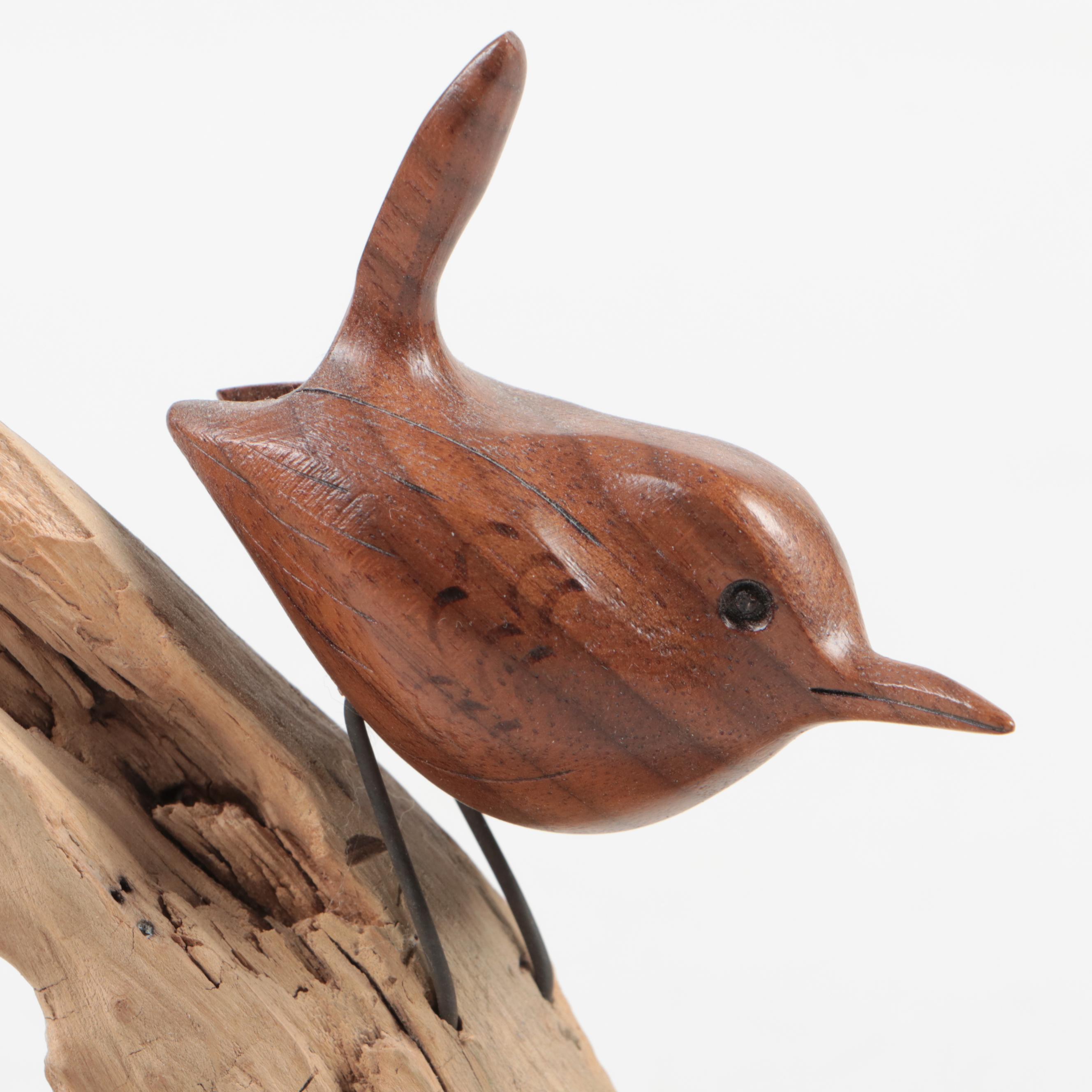 Signed Randy Whaley Hand-Carved Wood Bird on Driftwood Figurine, 2001