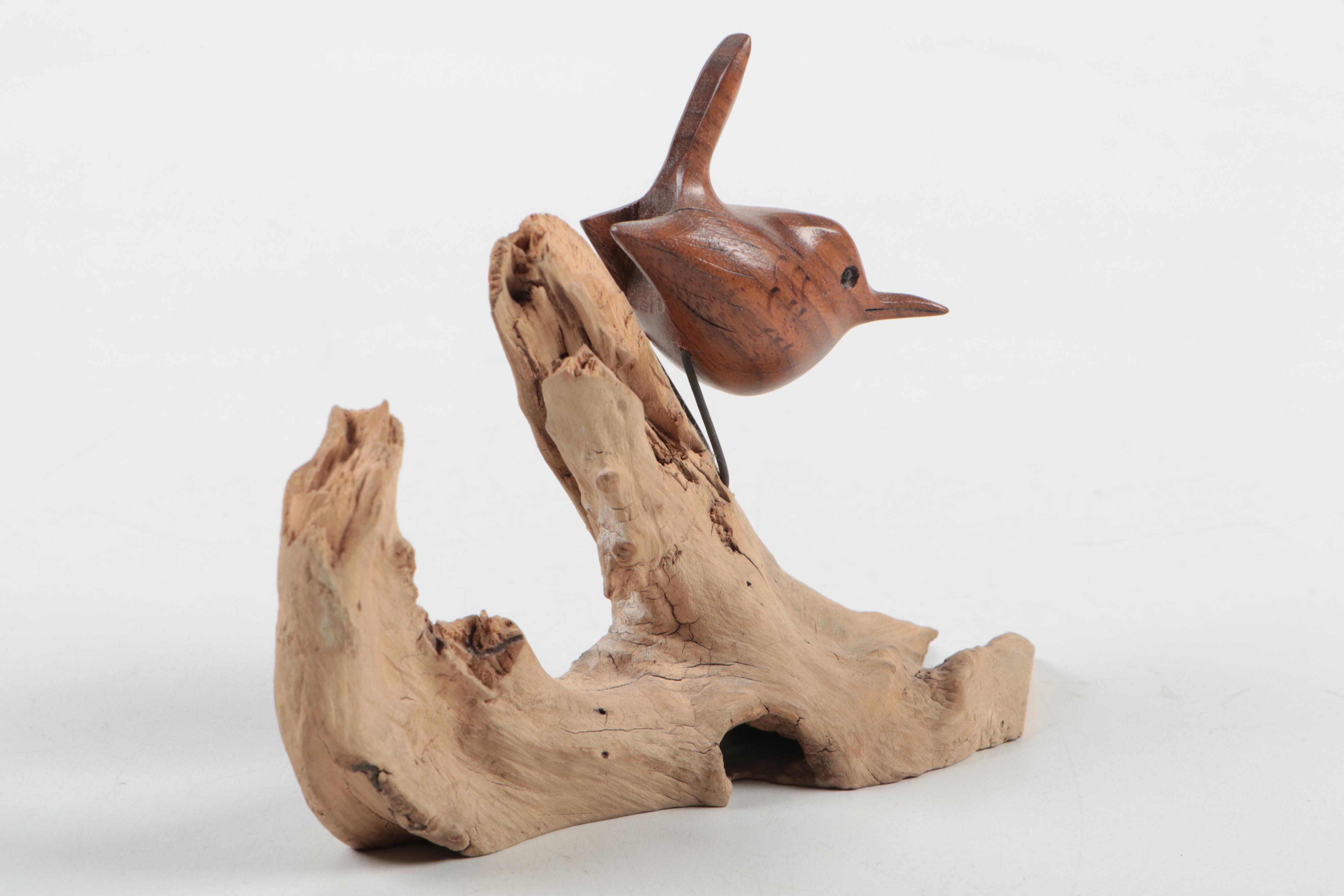 Signed Randy Whaley Hand-Carved Wood Bird on Driftwood Figurine, 2001