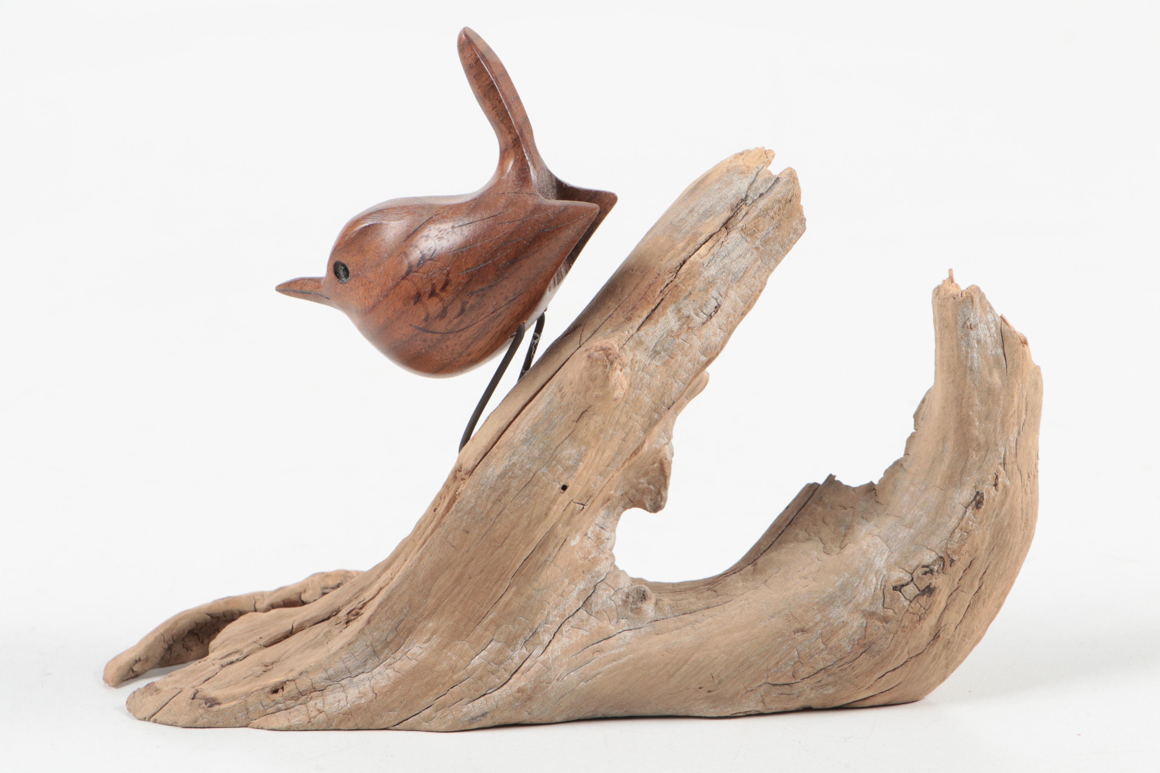 Signed Randy Whaley Hand-Carved Wood Bird on Driftwood Figurine, 2001