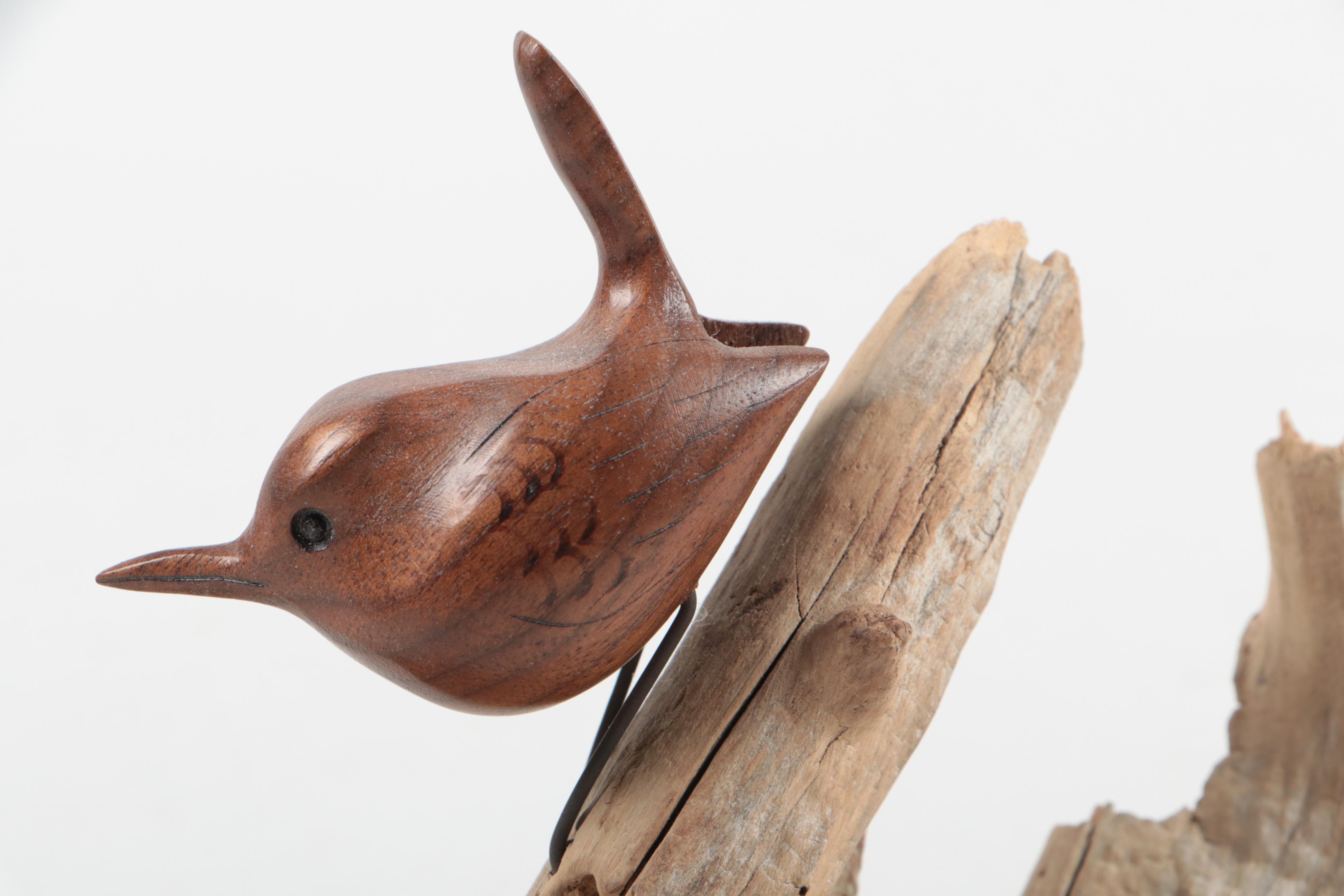 Signed Randy Whaley Hand-Carved Wood Bird on Driftwood Figurine, 2001