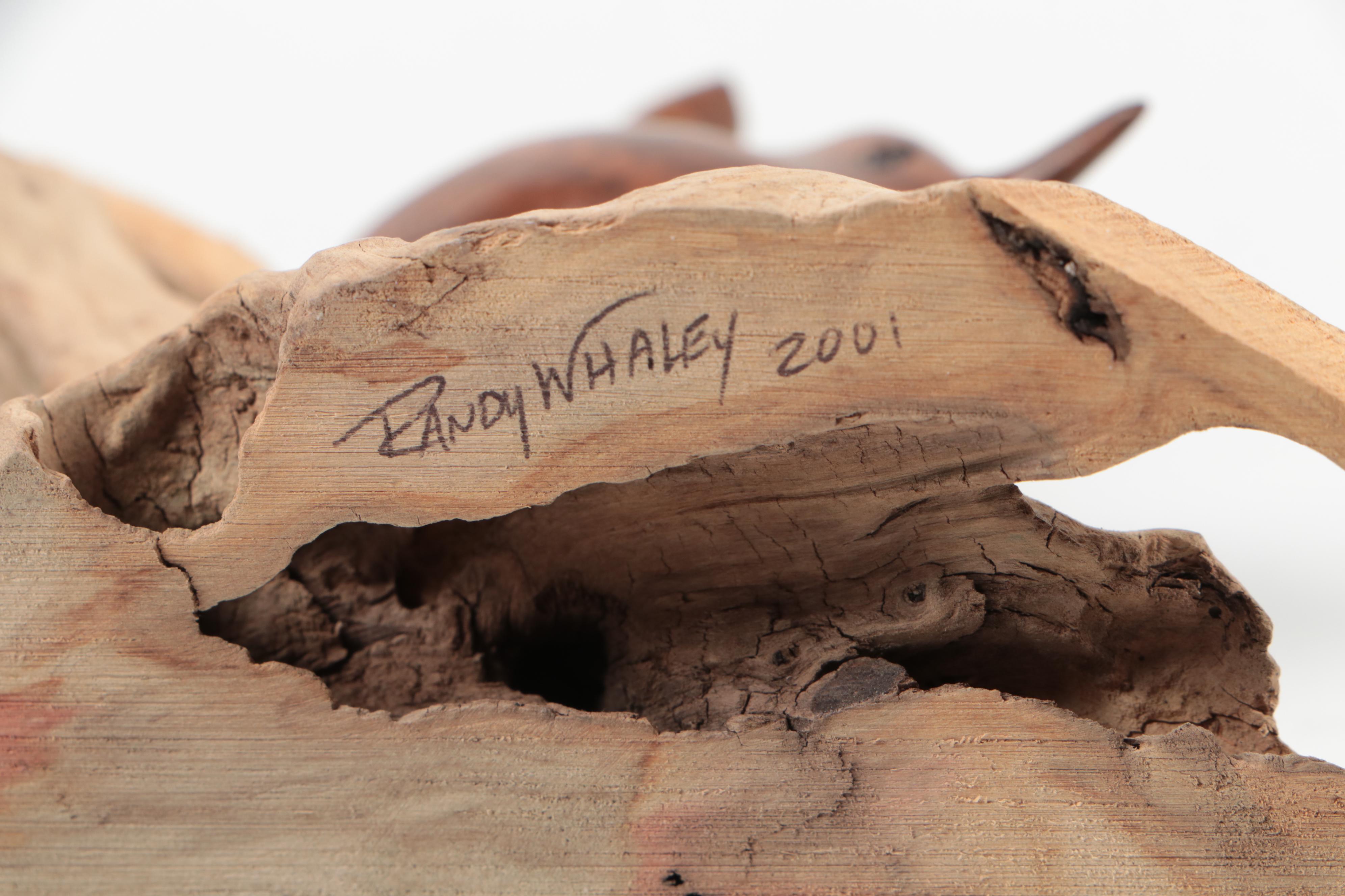 Signed Randy Whaley Hand-Carved Wood Bird on Driftwood Figurine, 2001