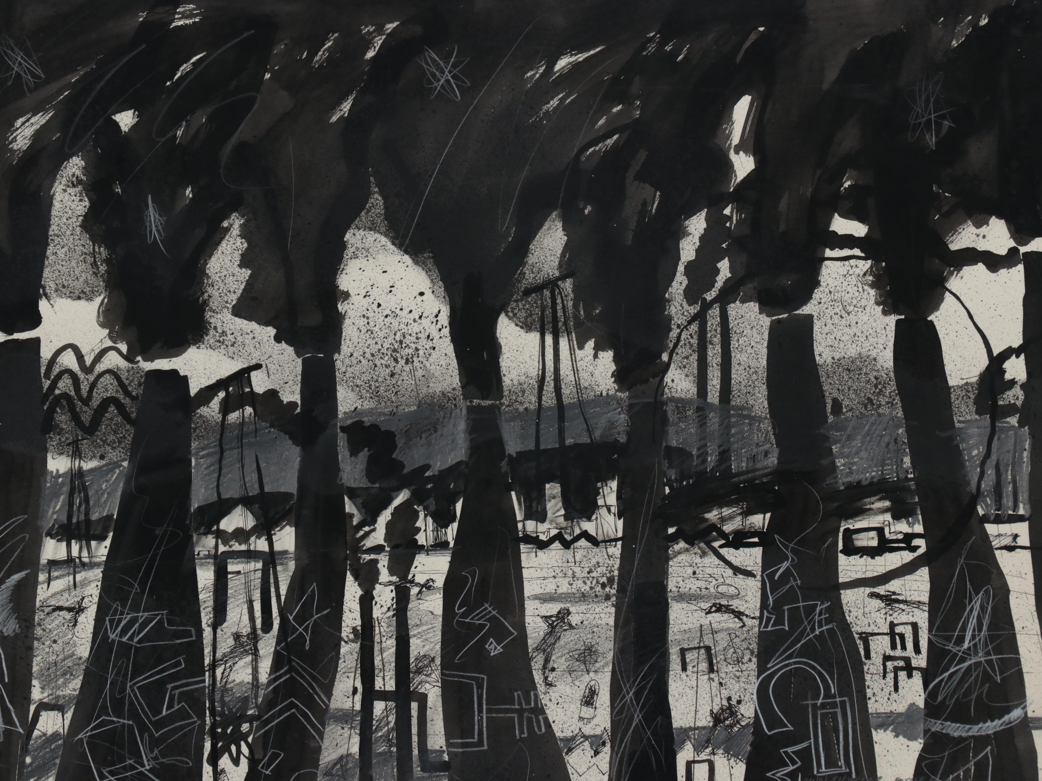 Lynn Charles Foster Abstract Ink Wash and Graphite Industrial Scene, 1983