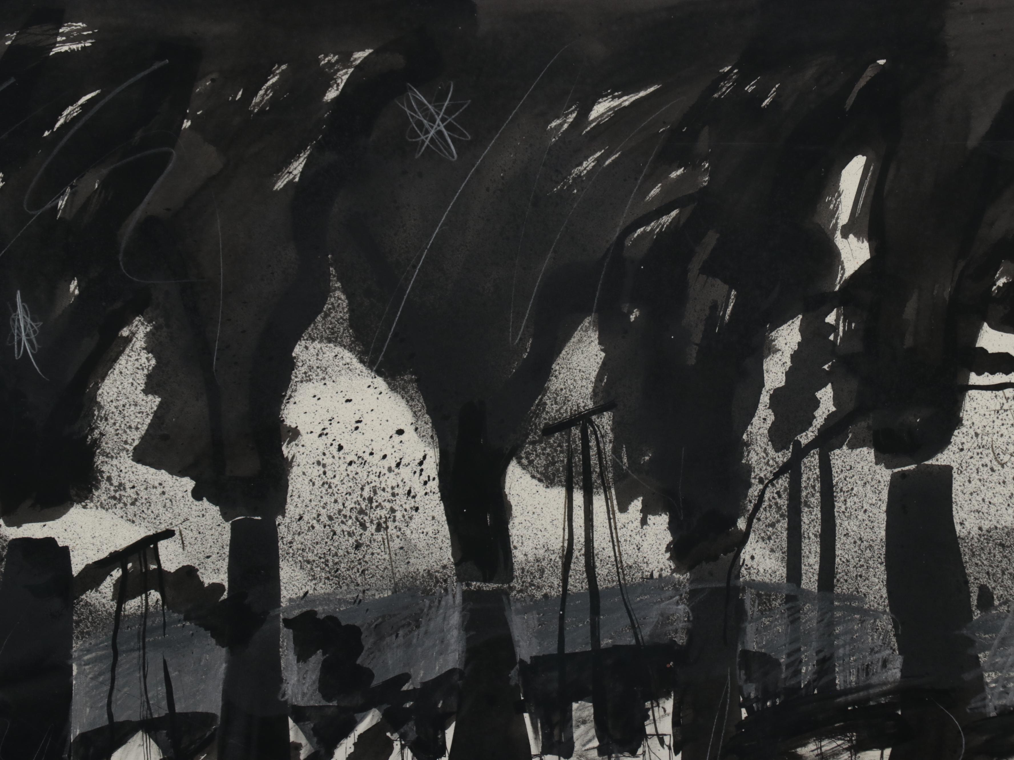 Lynn Charles Foster Abstract Ink Wash and Graphite Industrial Scene, 1983