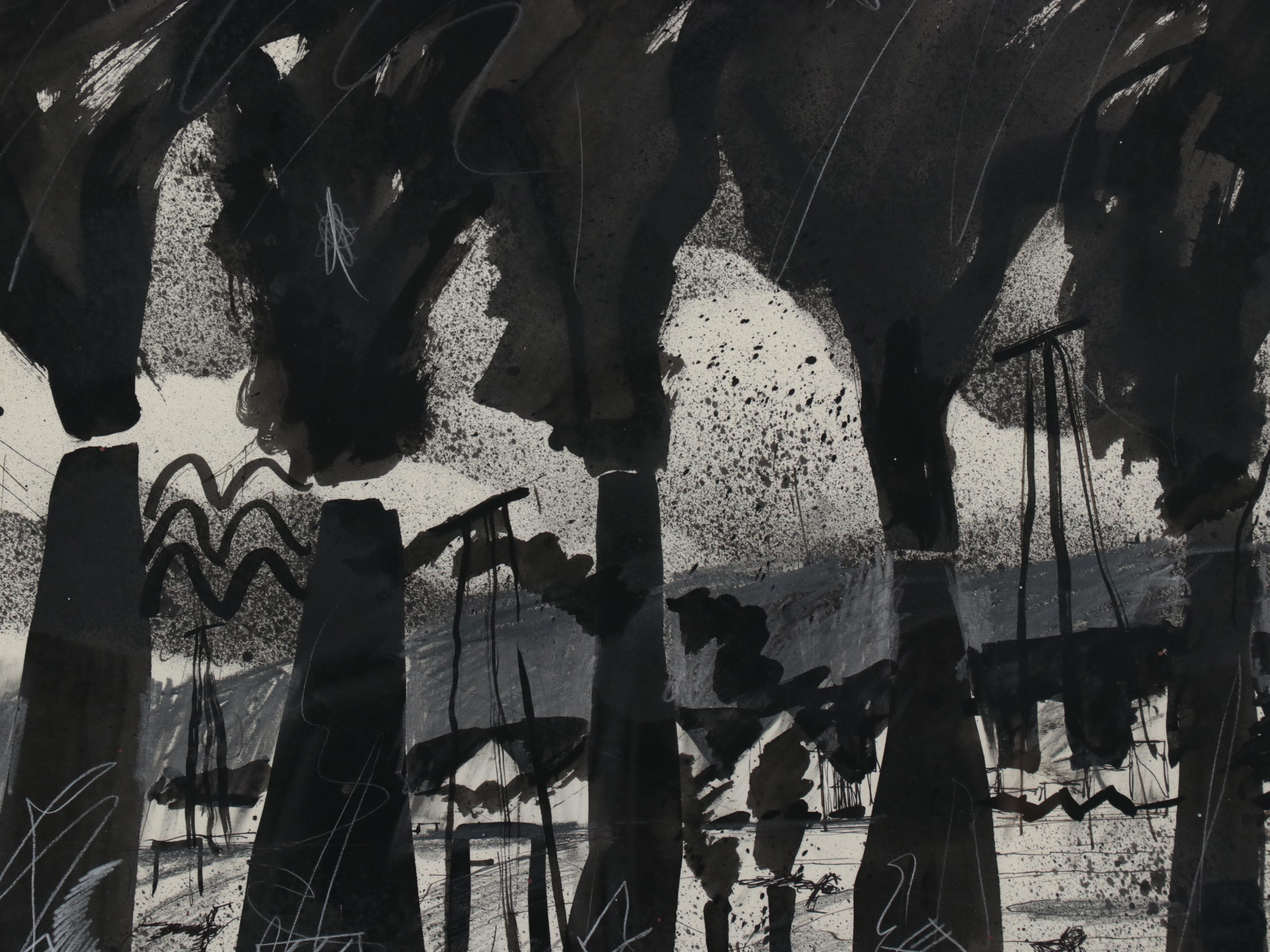 Lynn Charles Foster Abstract Ink Wash and Graphite Industrial Scene, 1983