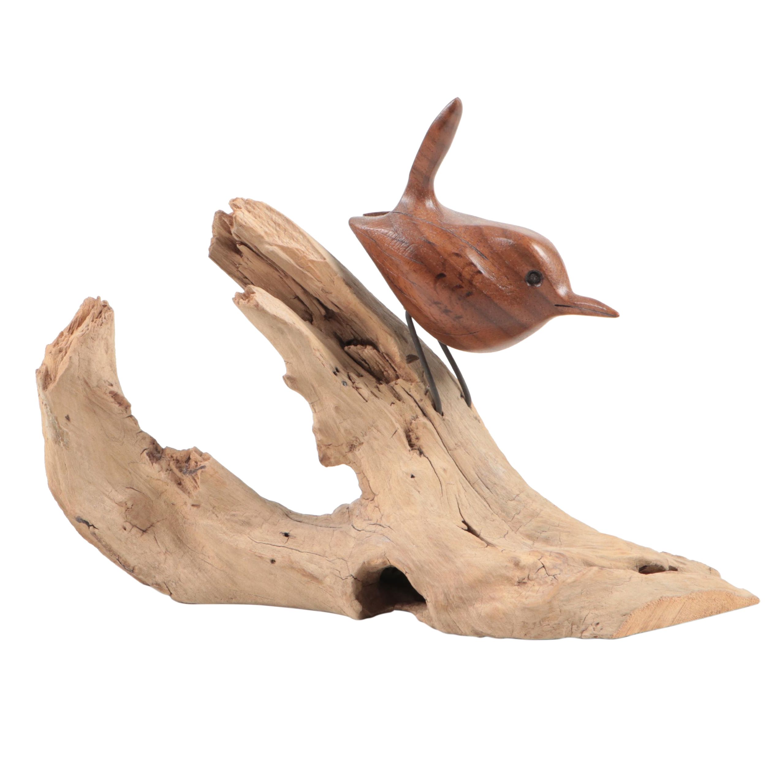 Signed Randy Whaley Hand-Carved Wood Bird on Driftwood Figurine, 2001