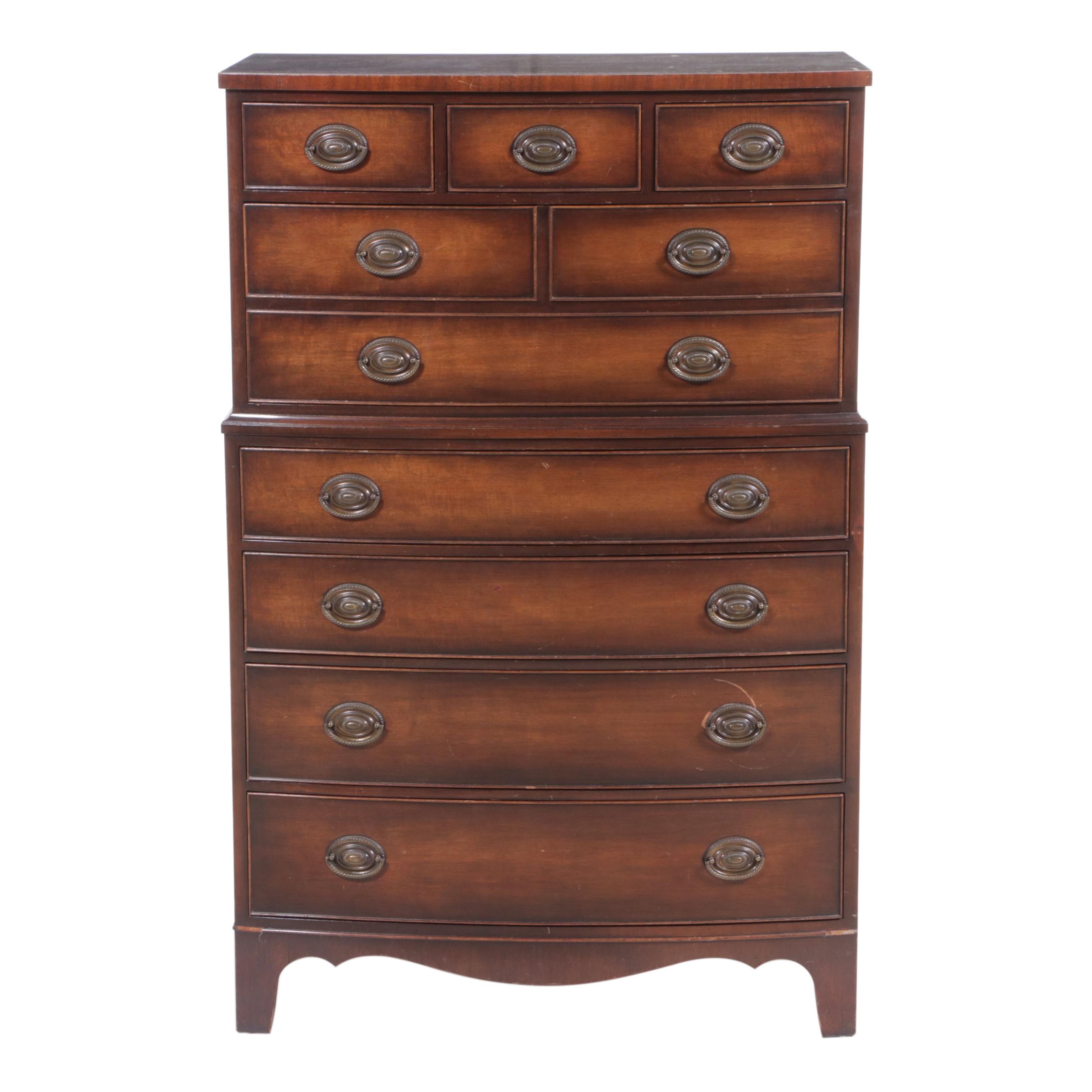 Kindel Federal Style Mahogany Eight Drawer Bowfront Chest, Mid-20th Century