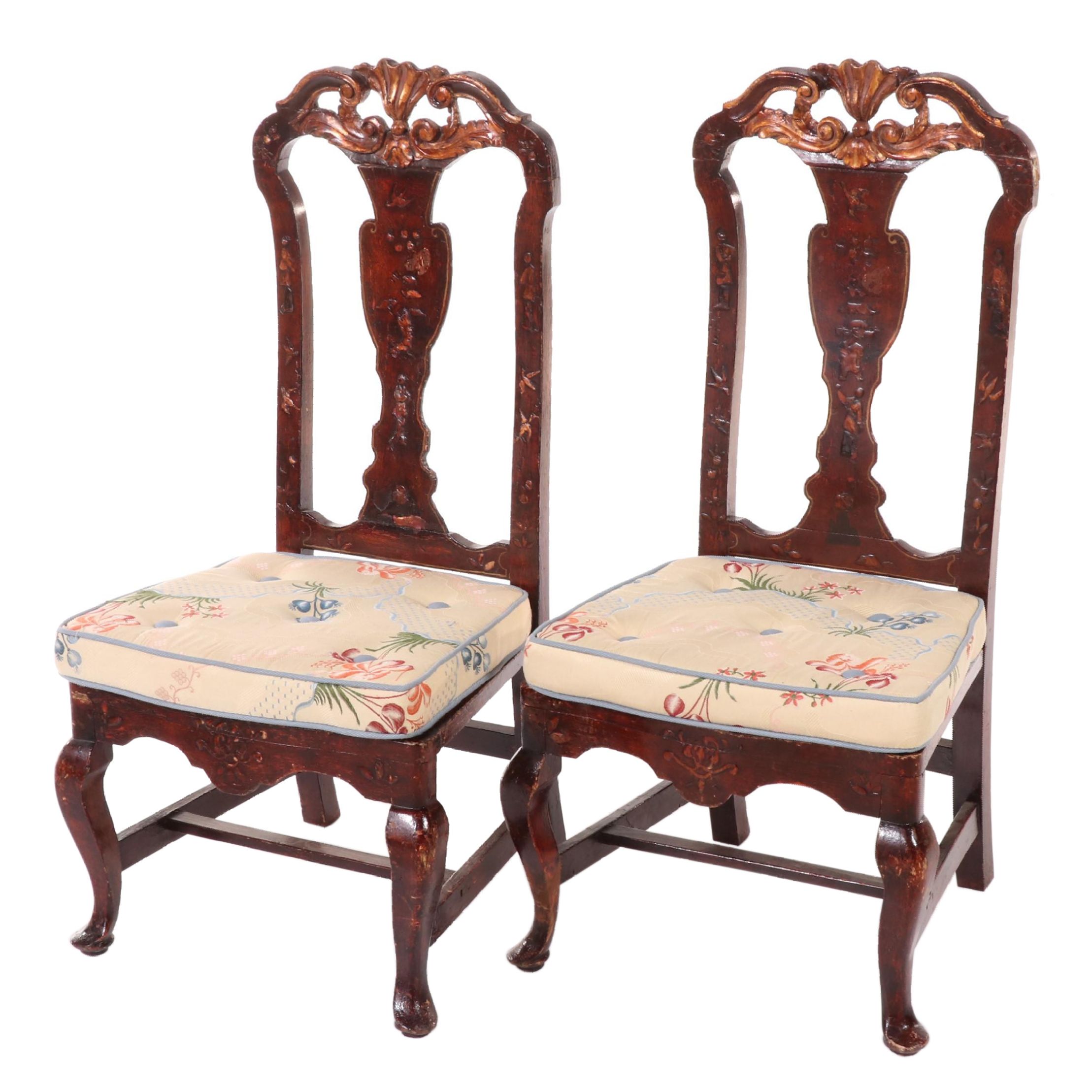 Pair of Queen Anne Style Red and Gilt-Lacquered Chinoiserie Side Chairs