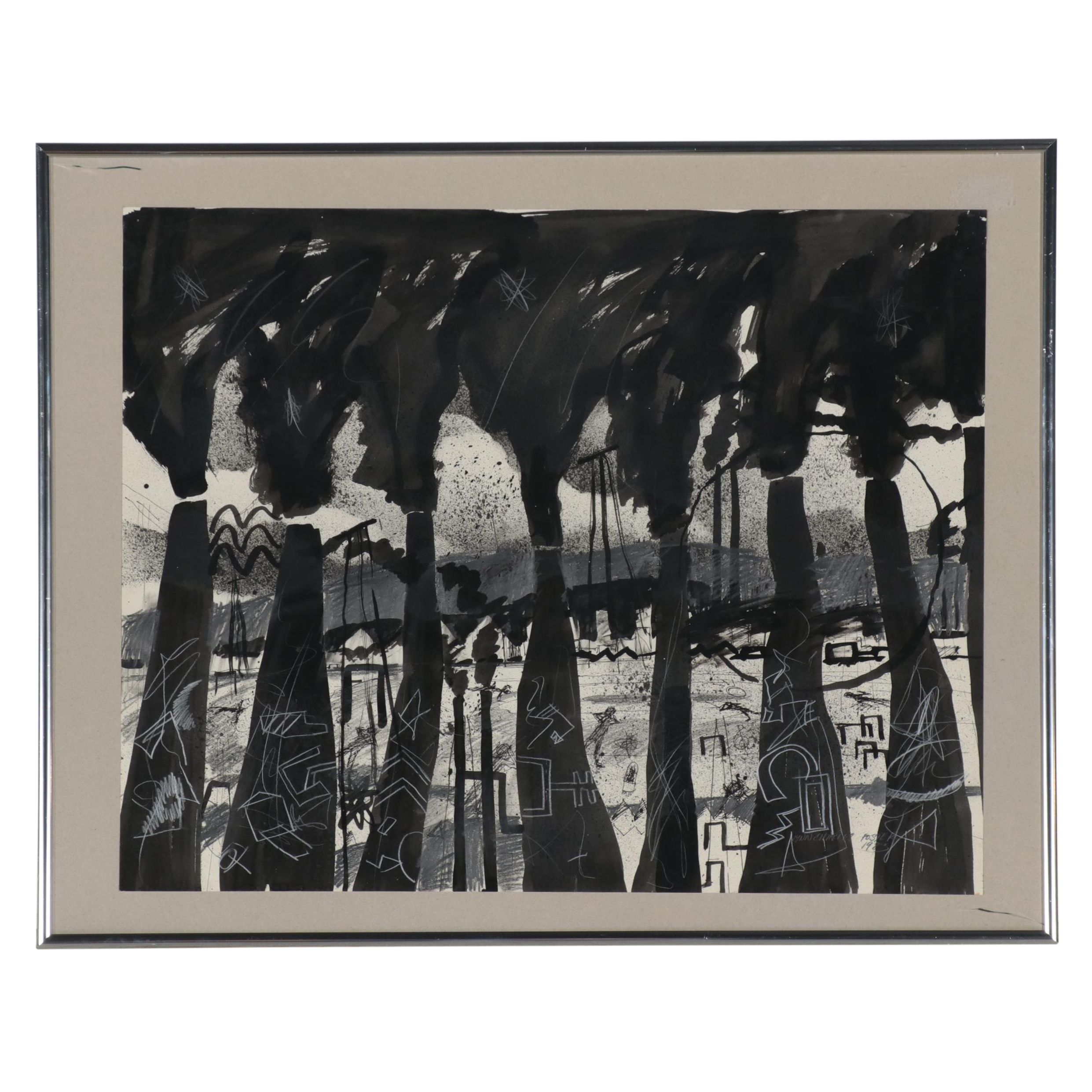 Lynn Charles Foster Abstract Ink Wash and Graphite Industrial Scene, 1983