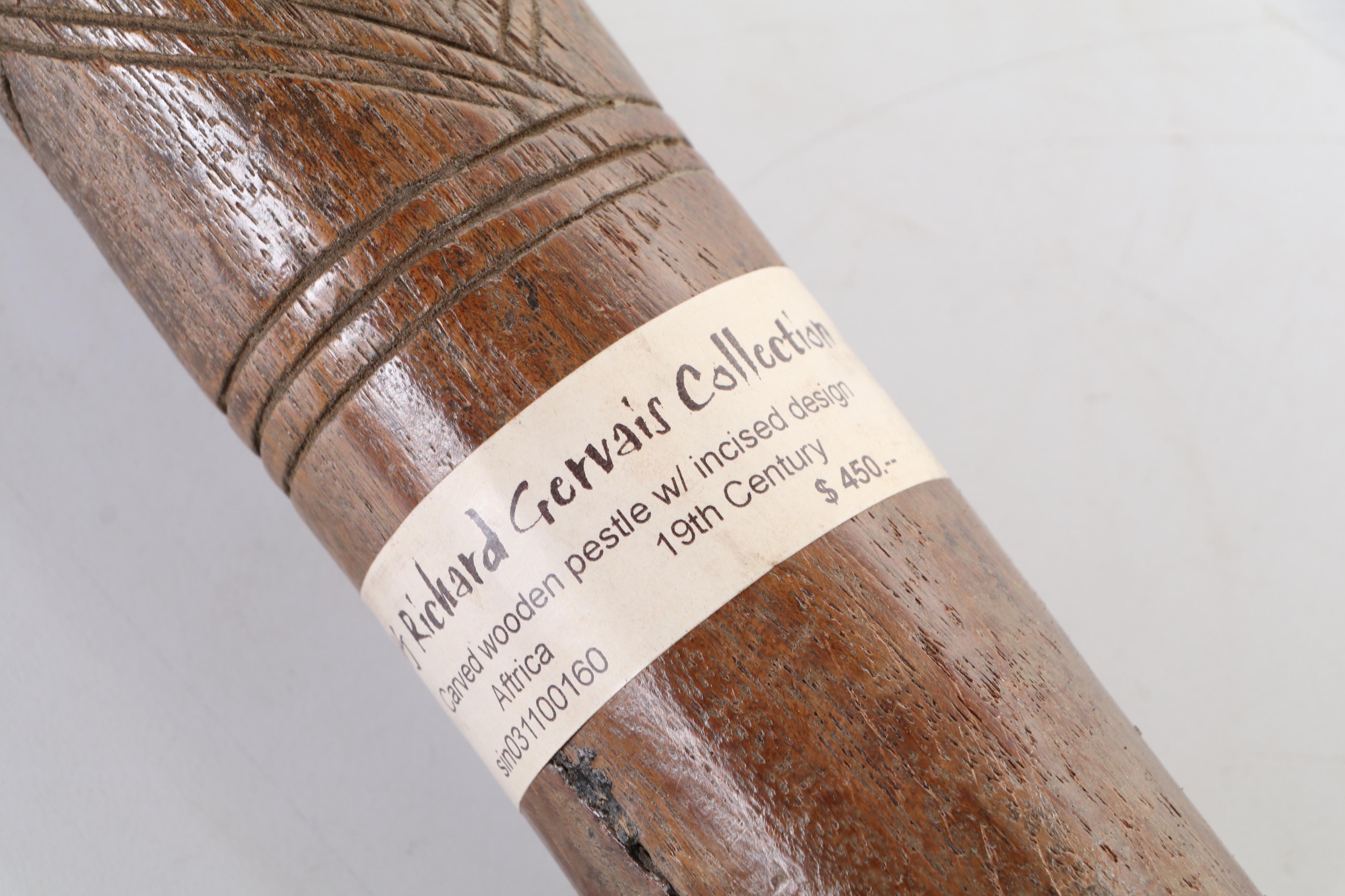 African Carved Wooden Pestle With Incised Design, 19th / 20th Century