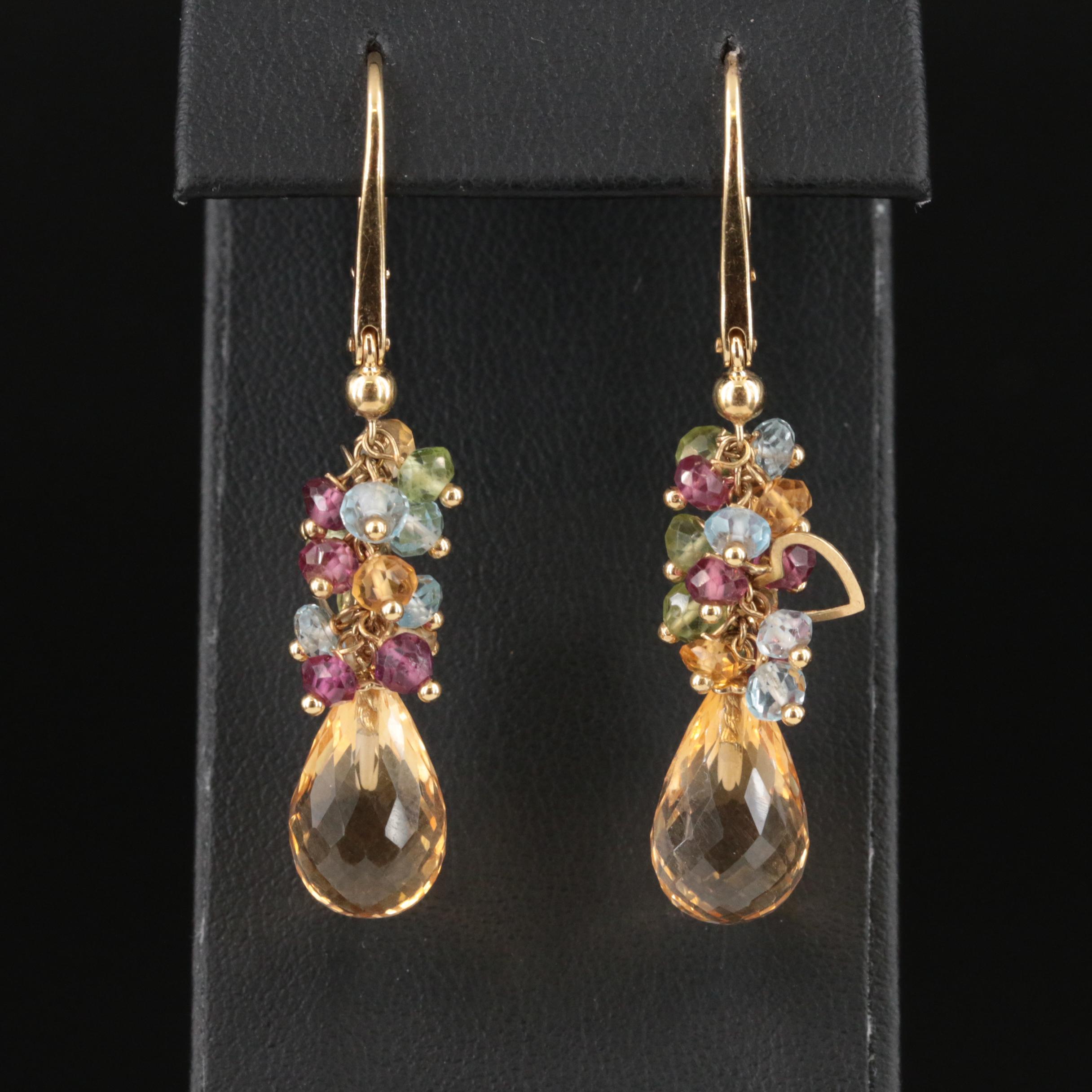18K Peridot, Topaz and Amethyst Fringe Drop Earrings with Heart Details