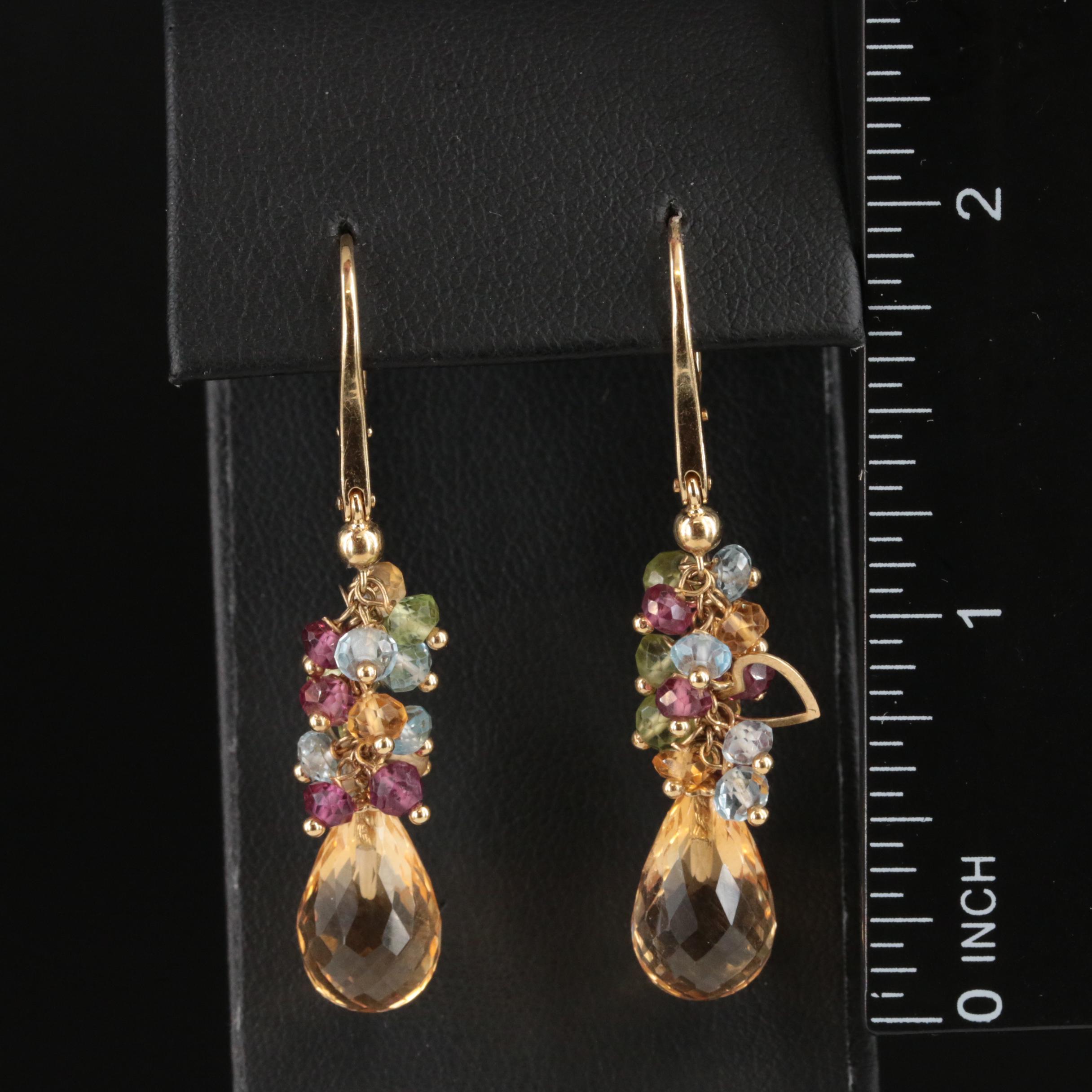 18K Peridot, Topaz and Amethyst Fringe Drop Earrings with Heart Details
