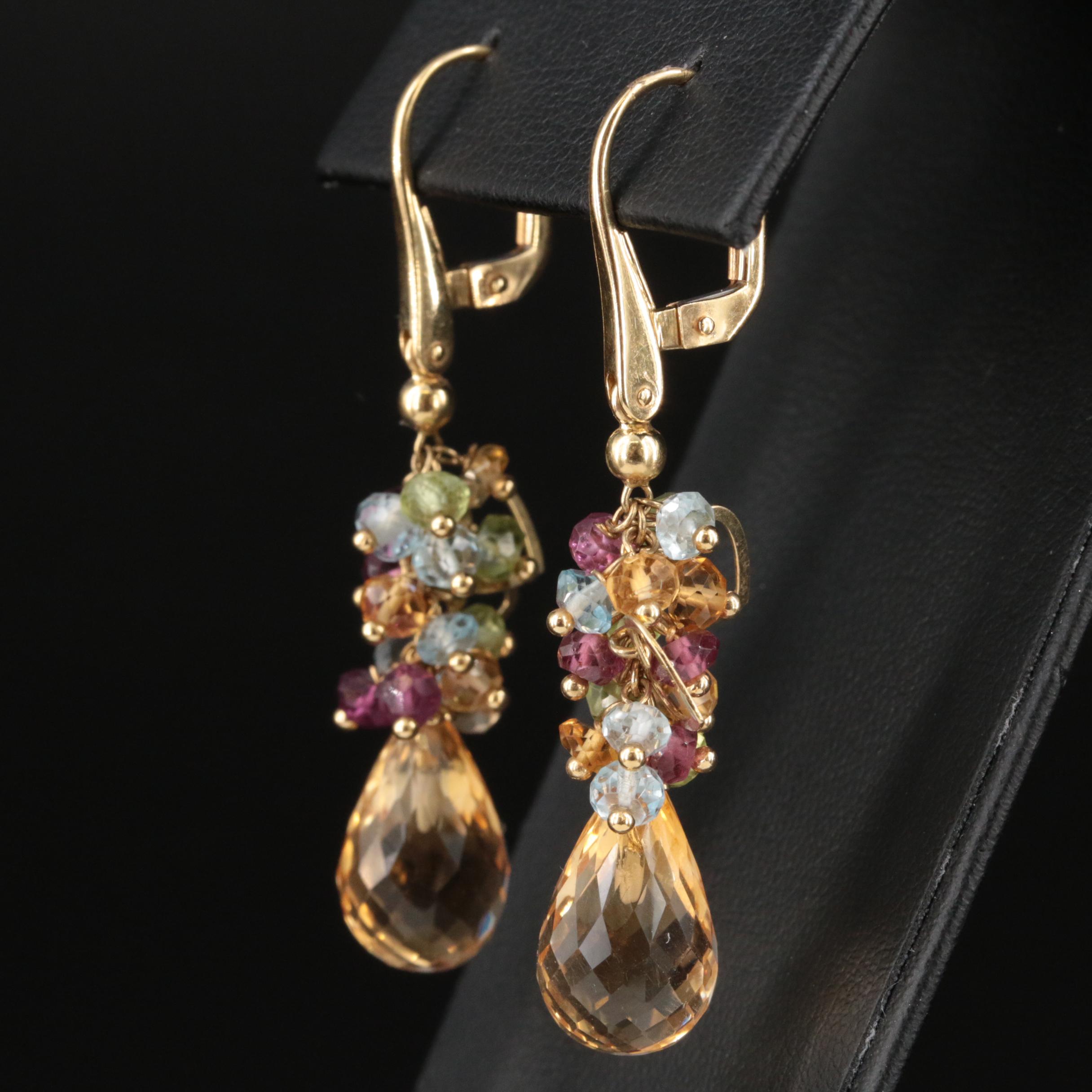 18K Peridot, Topaz and Amethyst Fringe Drop Earrings with Heart Details