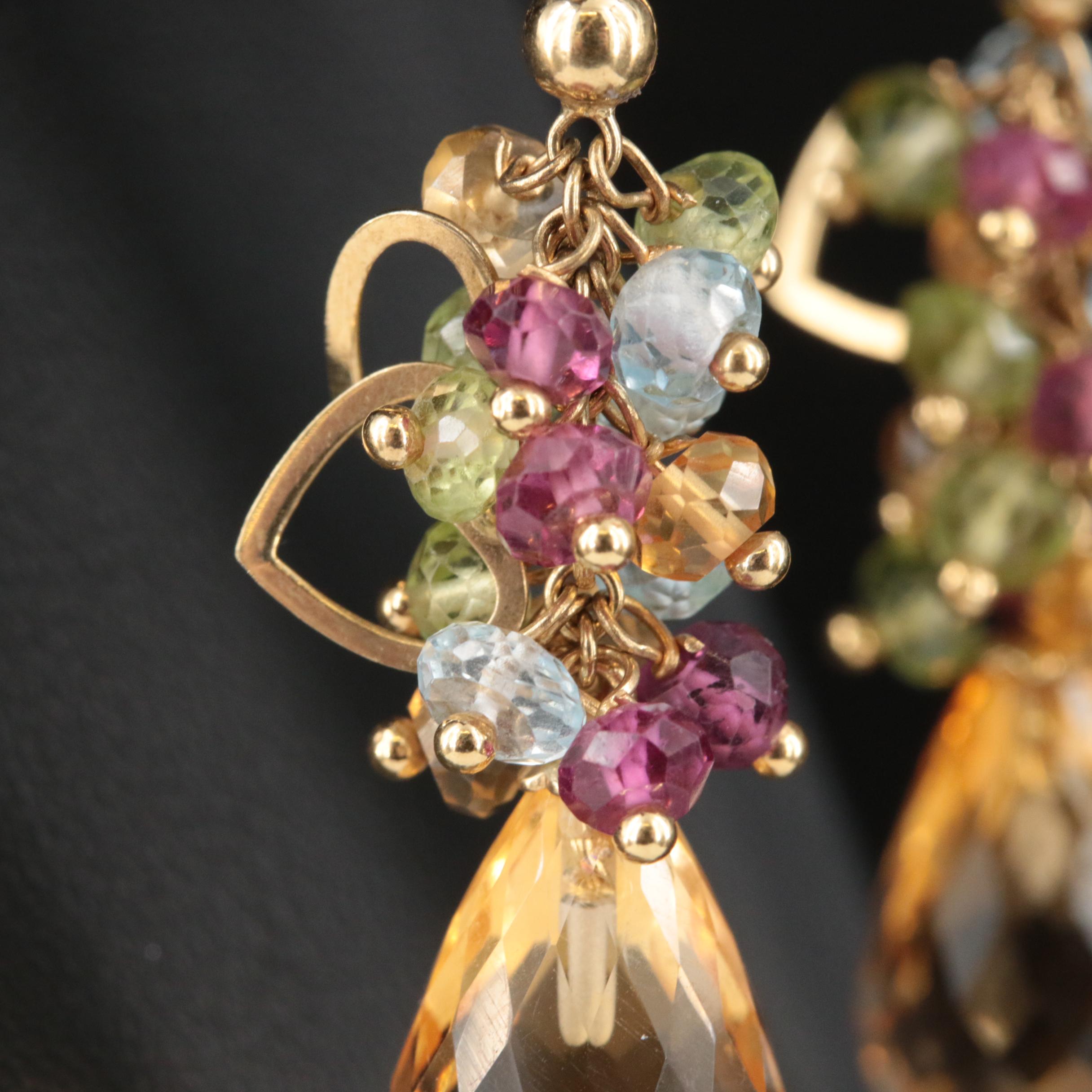 18K Peridot, Topaz and Amethyst Fringe Drop Earrings with Heart Details