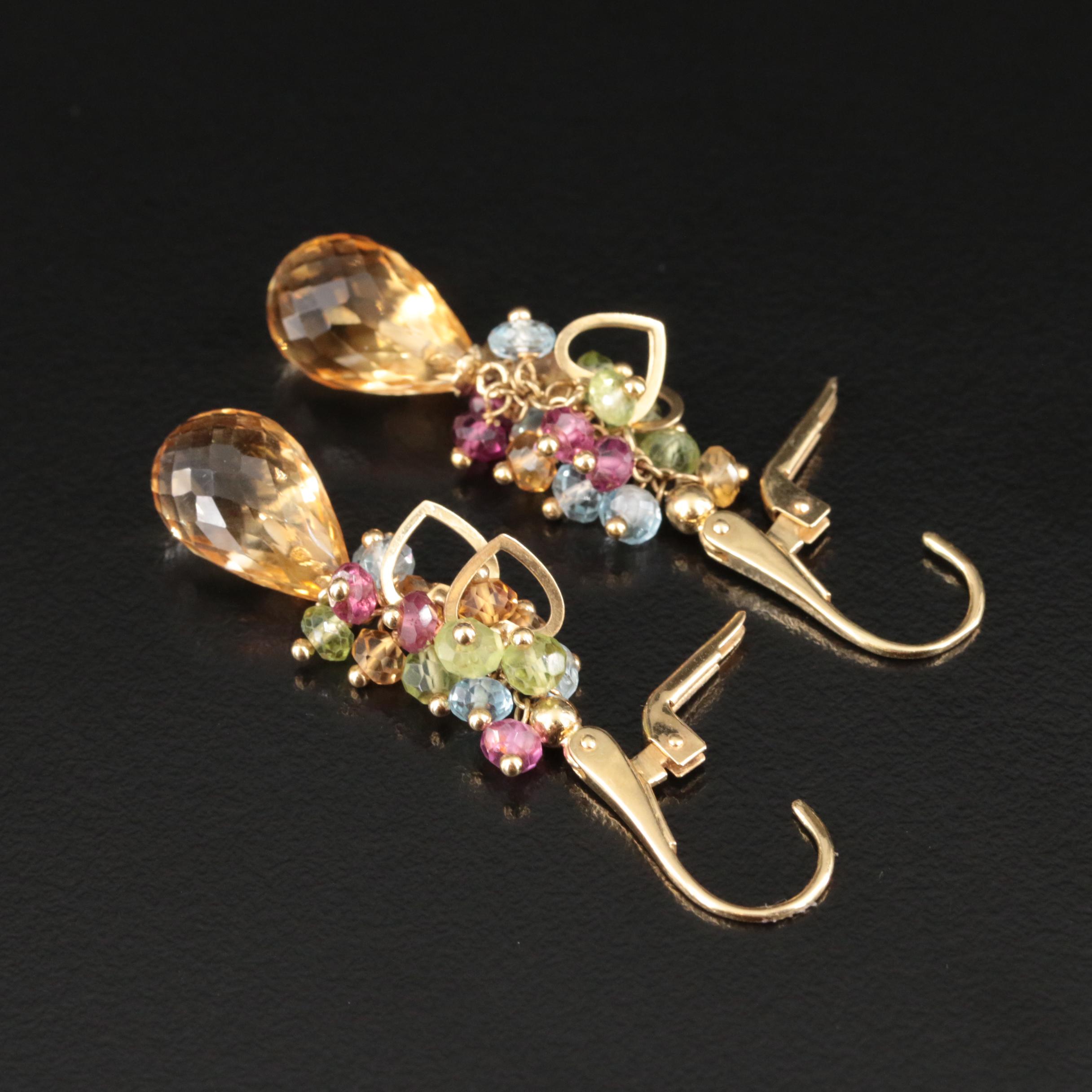 18K Peridot, Topaz and Amethyst Fringe Drop Earrings with Heart Details