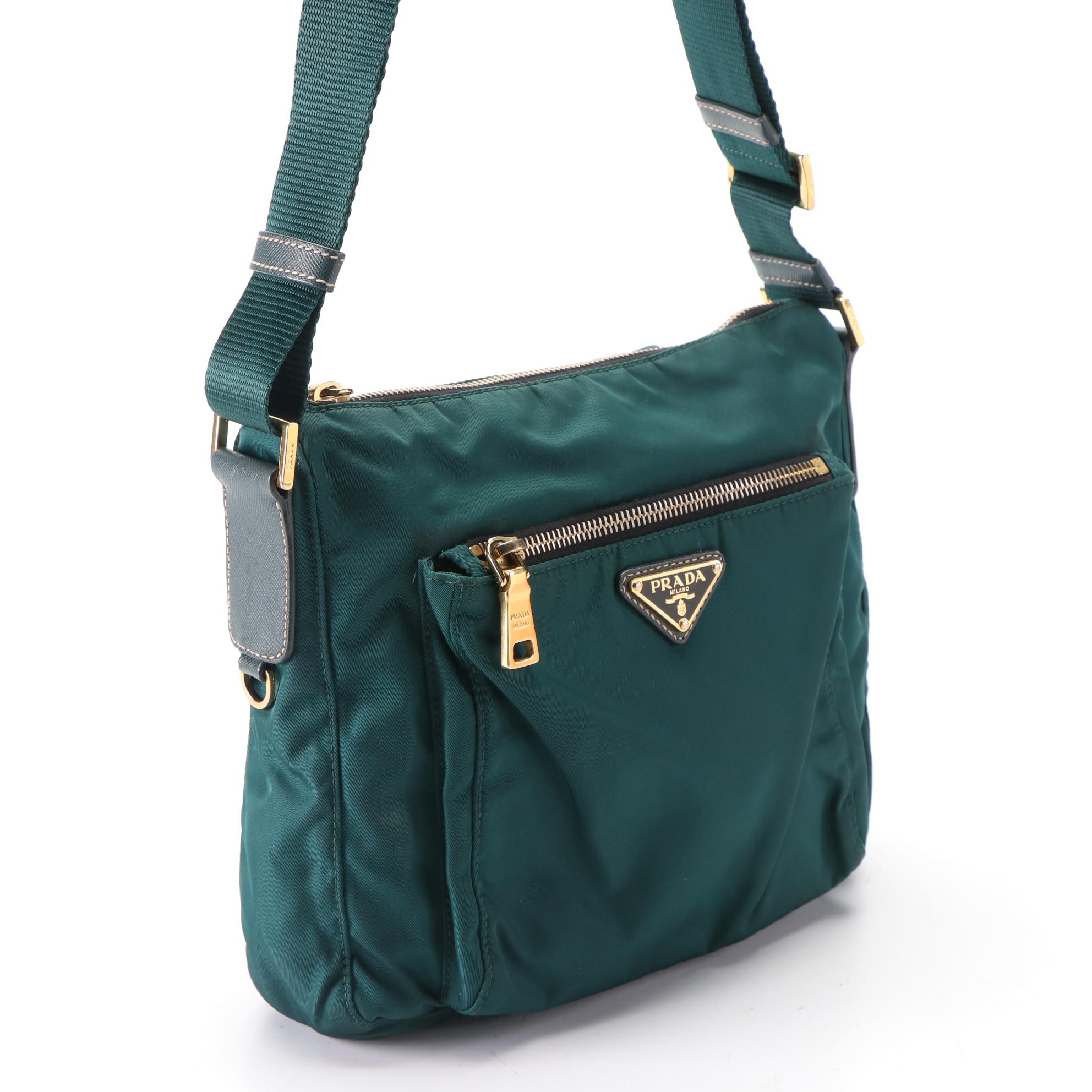 Prada Medium Crossbody in Green Nylon Gabardine and Saffiano Leather